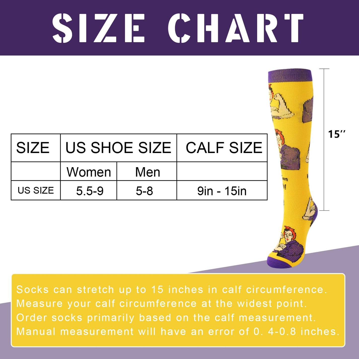 Junely Compression Socks for Women Funny Knee High Stockings for Running Athletic Nurses Pregnant Women Work Support Travel Flight Sports Fun Gifts Yellow