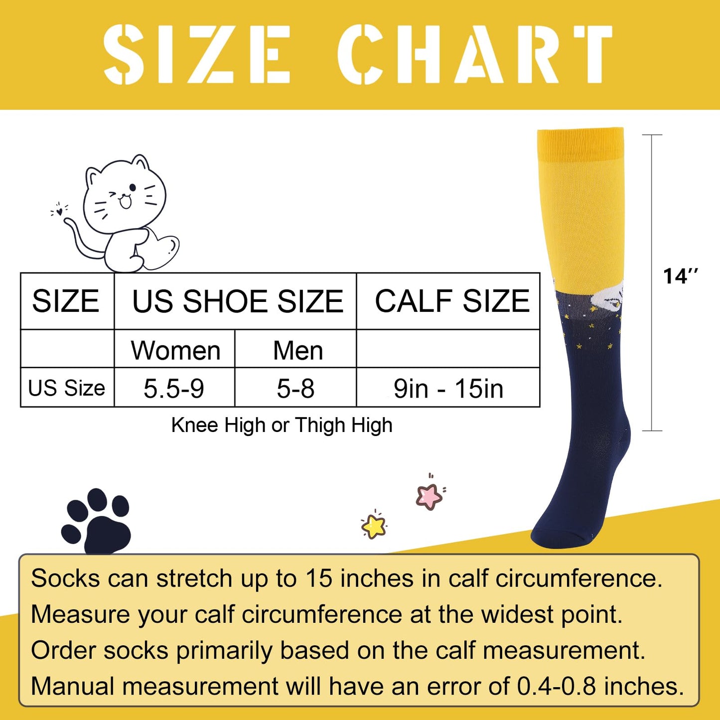 Junely Compression Socks for Women Cat Knee High Stockings for Running Athletic Nurses Pregnant Women Work Support Travel Flight Sports Gifts White Blue Yellow
