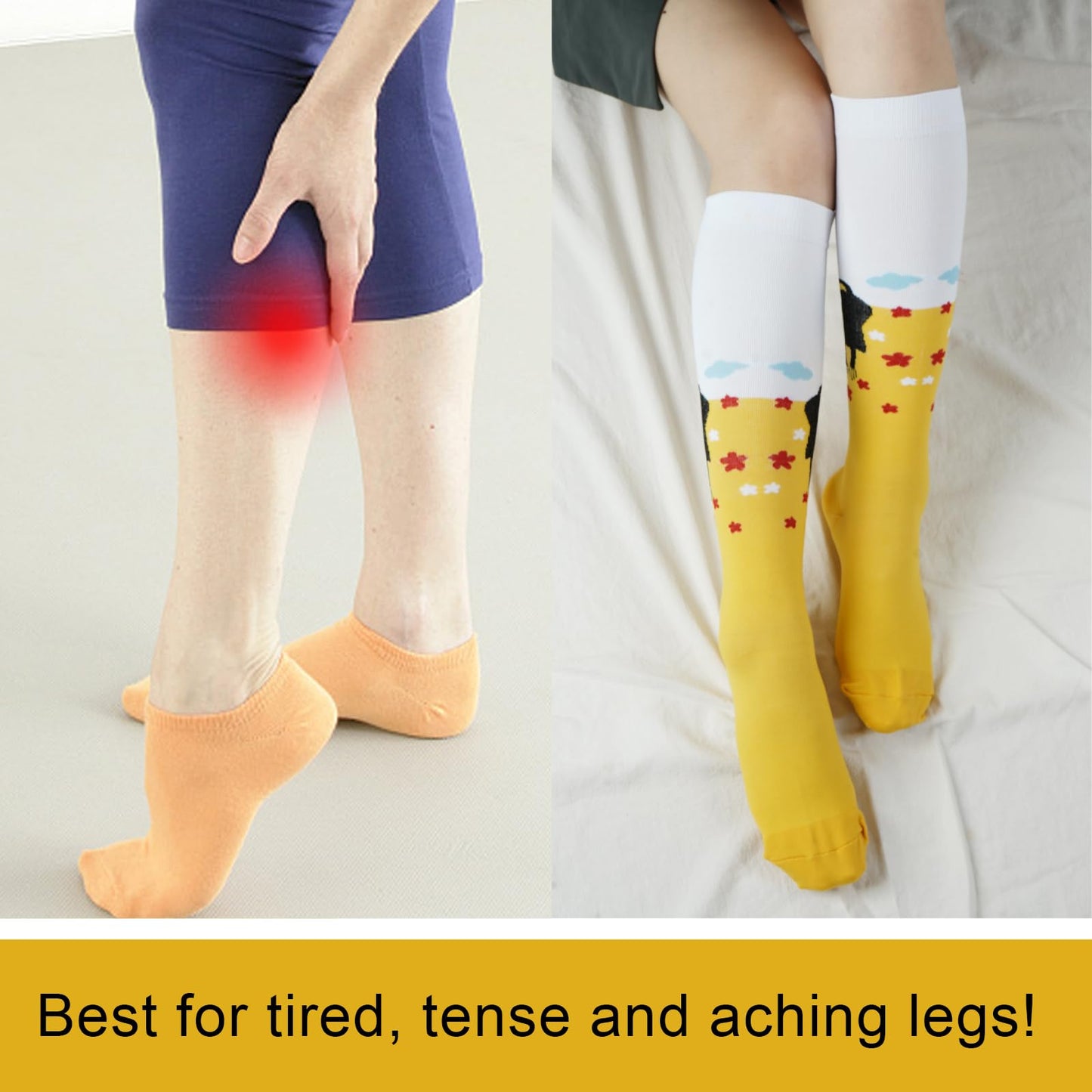 Junely Compression Socks for Women Cat Knee High Stockings for Running Athletic Nurses Pregnant Women Work Support Travel Flight Sports Gifts White Blue Yellow