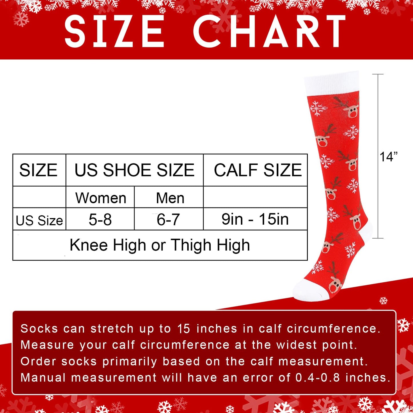 Junely Christmas Compression Socks for Women Knee High Reindeer Snowflake Socks for Running Athletic Nurses Pregnant Women Work Support Travel Flight Sports Gifts Red