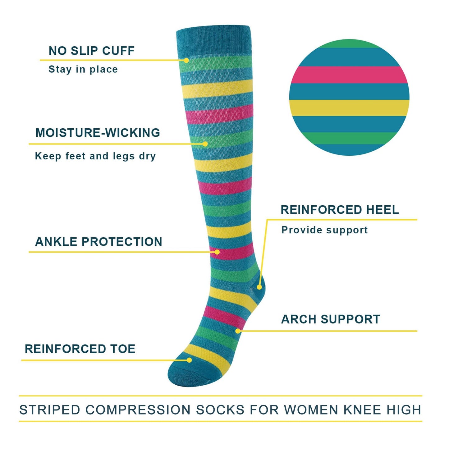 Junely Compression Socks for Women 20-30 mmhg Knee High Striped socks for Running Athletic Nurses Pregnant Women Work Support Travel Flight Sports Irish Gifts Green