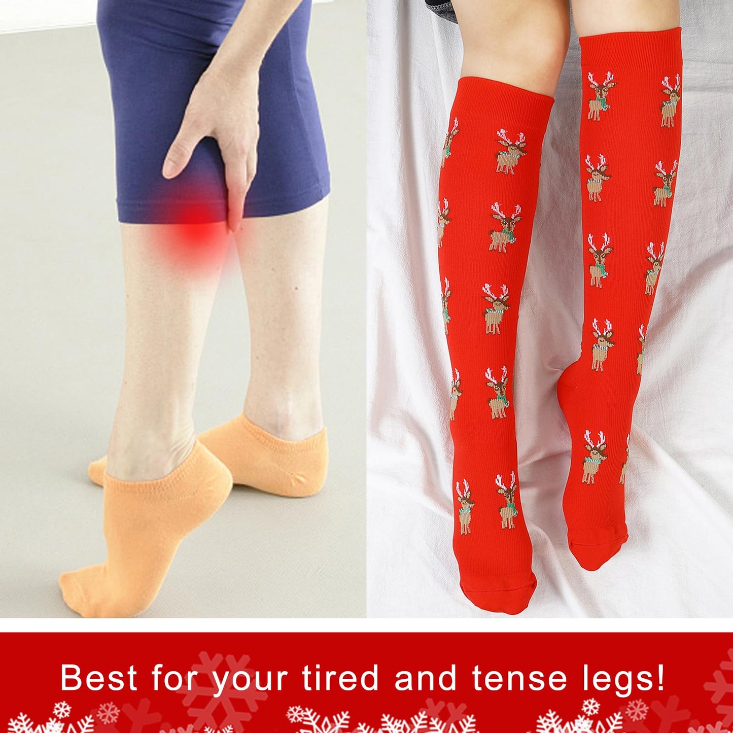 Junely Christmas Compression Socks for Women Knee High Reindeer Socks for Running Athletic Nurses Pregnant Women Work Support Travel Flight Sports Gifts Red