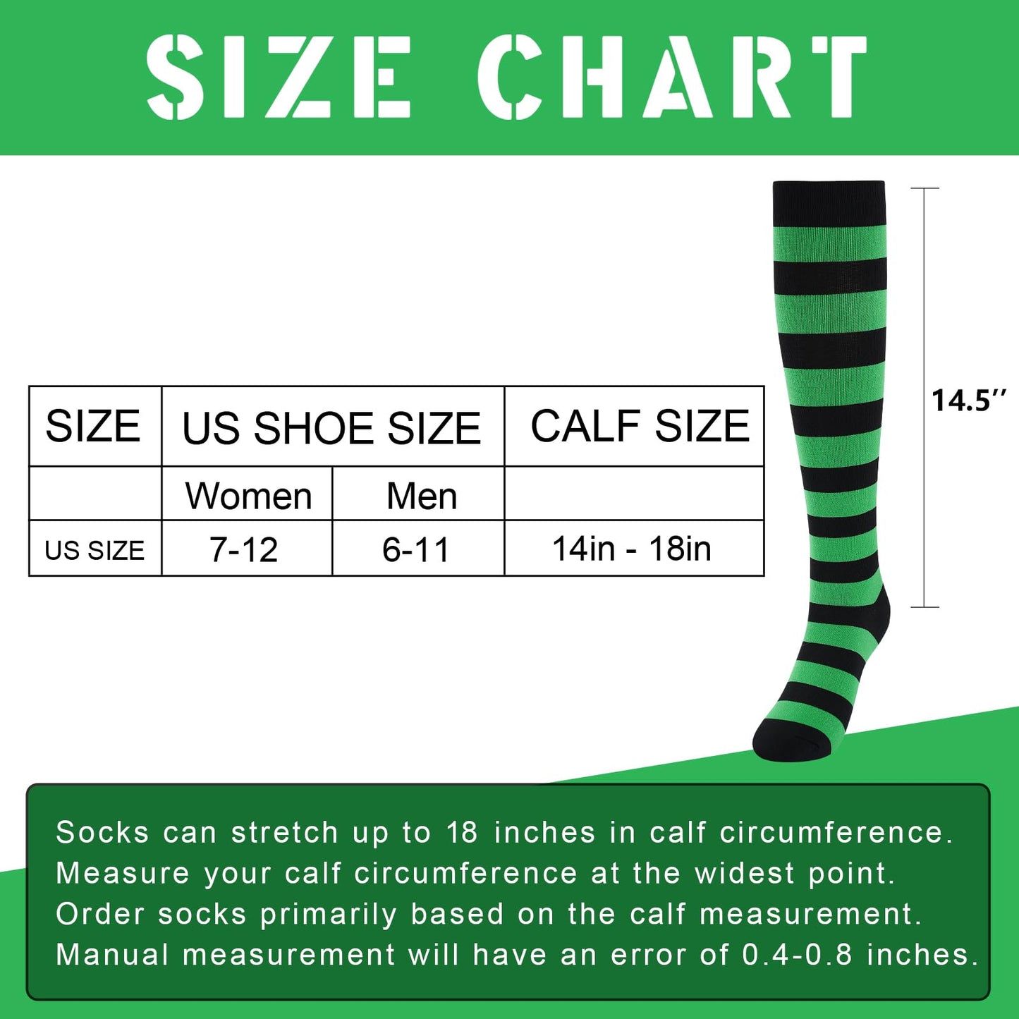 Junely Compression Socks for Women Striped Knee High Stockings for Halloween Running Athletic Nurses Pregnant Women Work Support Travel Flight Sports Gifts Green and Black