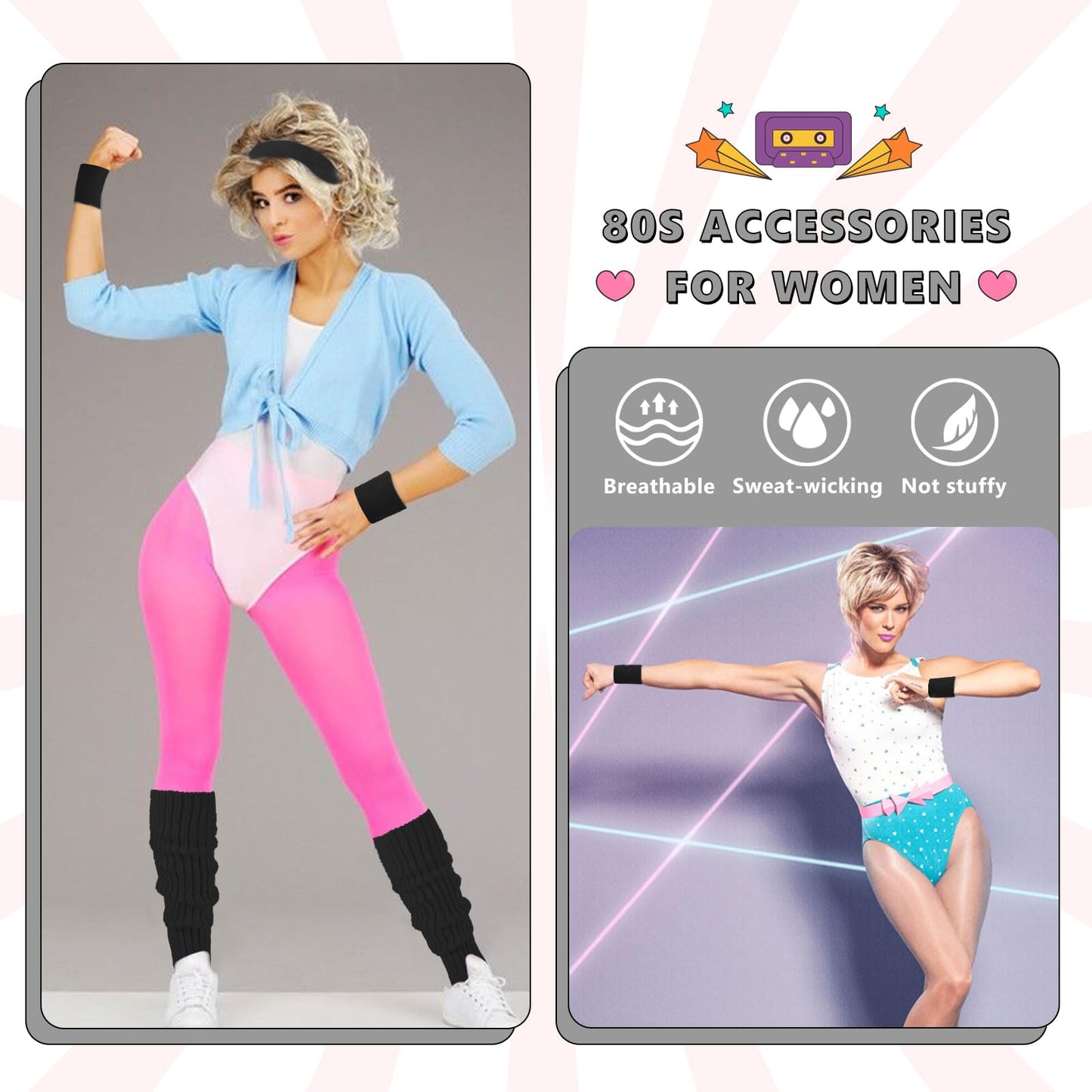 Junely 80s Accessories for Women Neon Leg Warmers Headband and Wristbands Set Knit Legwarmers for Ballet Dance Figure Skating Ice Skating Boot Black