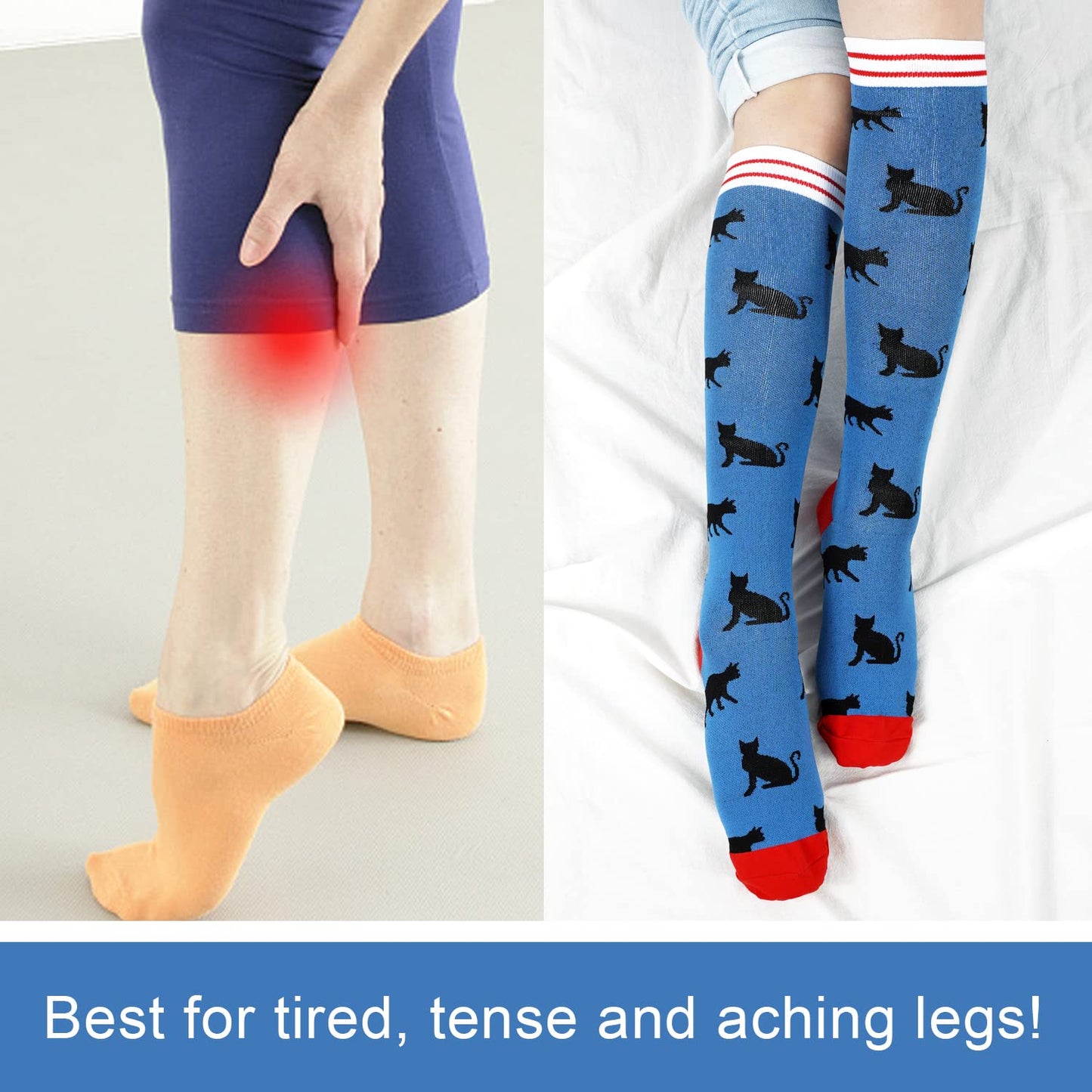 Junely Compression Socks for Women Cat Knee High Socks for Running Athletic Nurses Pregnant Women Work Support Travel Flight Sports Pink Black Blue