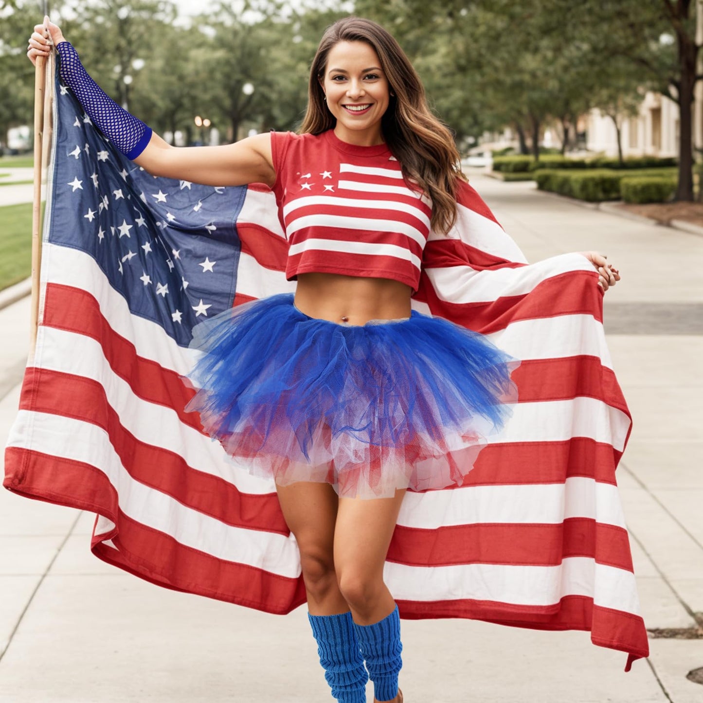 Junely Red White Blue Tutu for Women Adults and Leg Warmers and Fingerless Gloves 4th of July Accessories for Ballet Dance Running