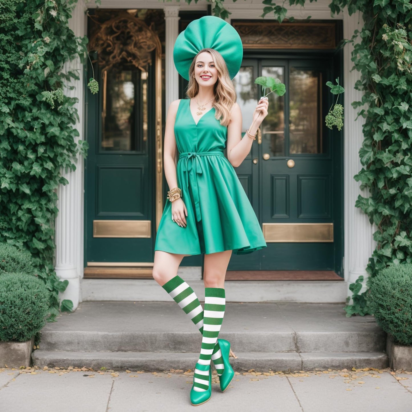 Junely St Patricks Day Compression Socks for Women Striped Knee High Stockings for Christmas Halloween Running Athletic Nurses Pregnant Women Work Support Travel Flight Sports Irish Gifts Green White
