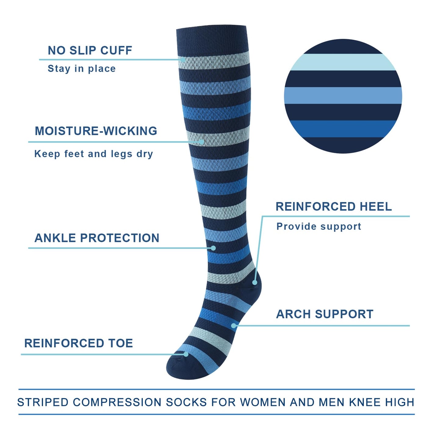 Junely Compression Socks for Women 20-30 mmhg Striped Knee High Stockings for Running Athletic Nurses Pregnant Women Work Support Travel Flight Sports Blue