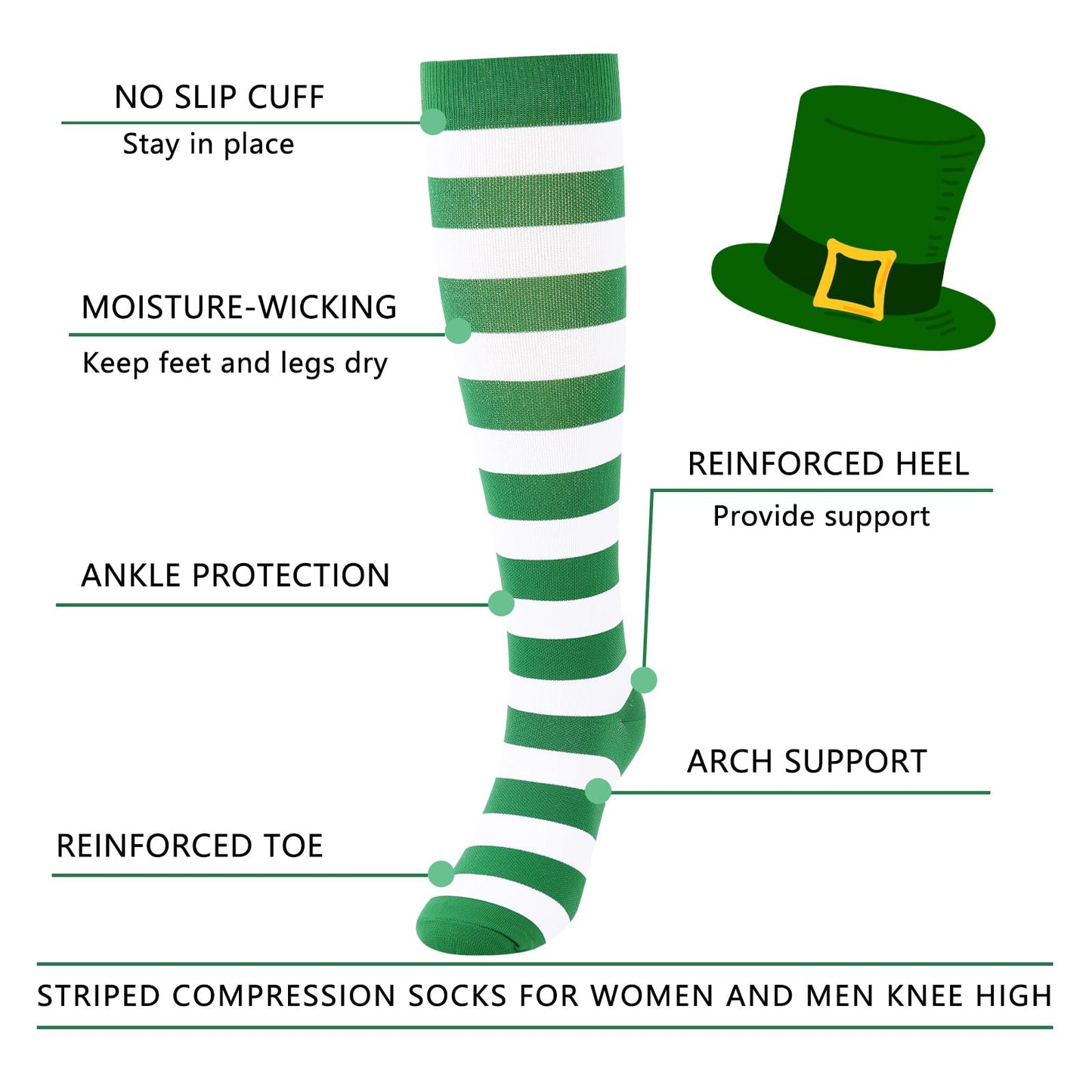 Junely St Patricks Day Compression Socks for Women Striped Knee High Stockings for Christmas Halloween Running Athletic Nurses Pregnant Women Work Support Travel Flight Sports Irish Gifts Green White
