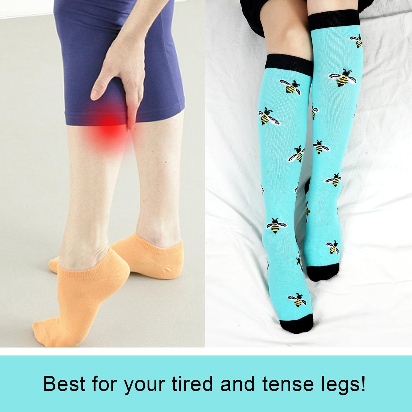 Junely Compression Socks for Women 20-30 mmhg Bee Knee High Stockings for Running Athletic Nurses Pregnant Women Work Support Travel Flight Sports Bee Gifts Blue