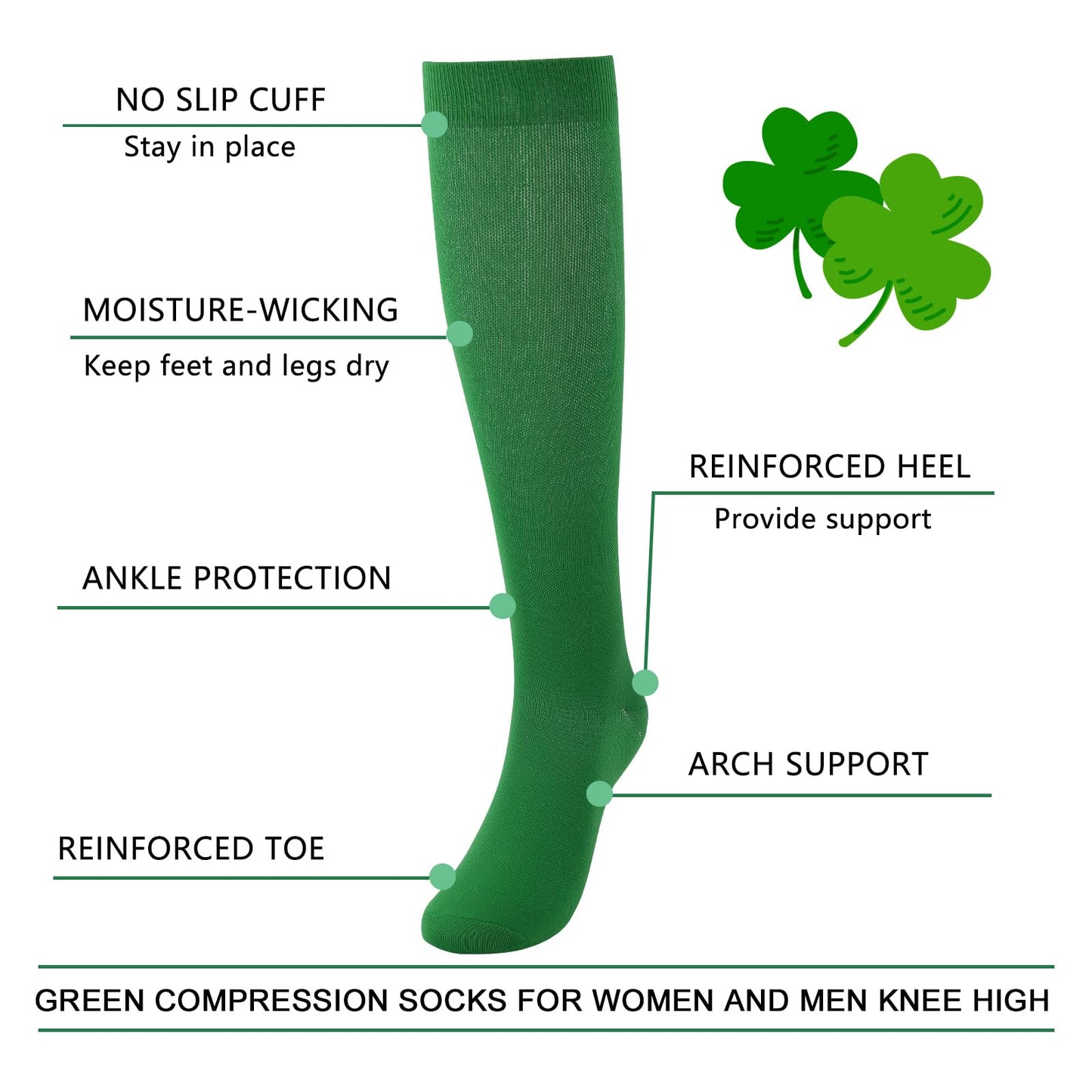 Junely Compression Socks for Women Knee High for Running Athletic Nurses Pregnant Women Work Support Travel Flight Sports Irish Gifts Green