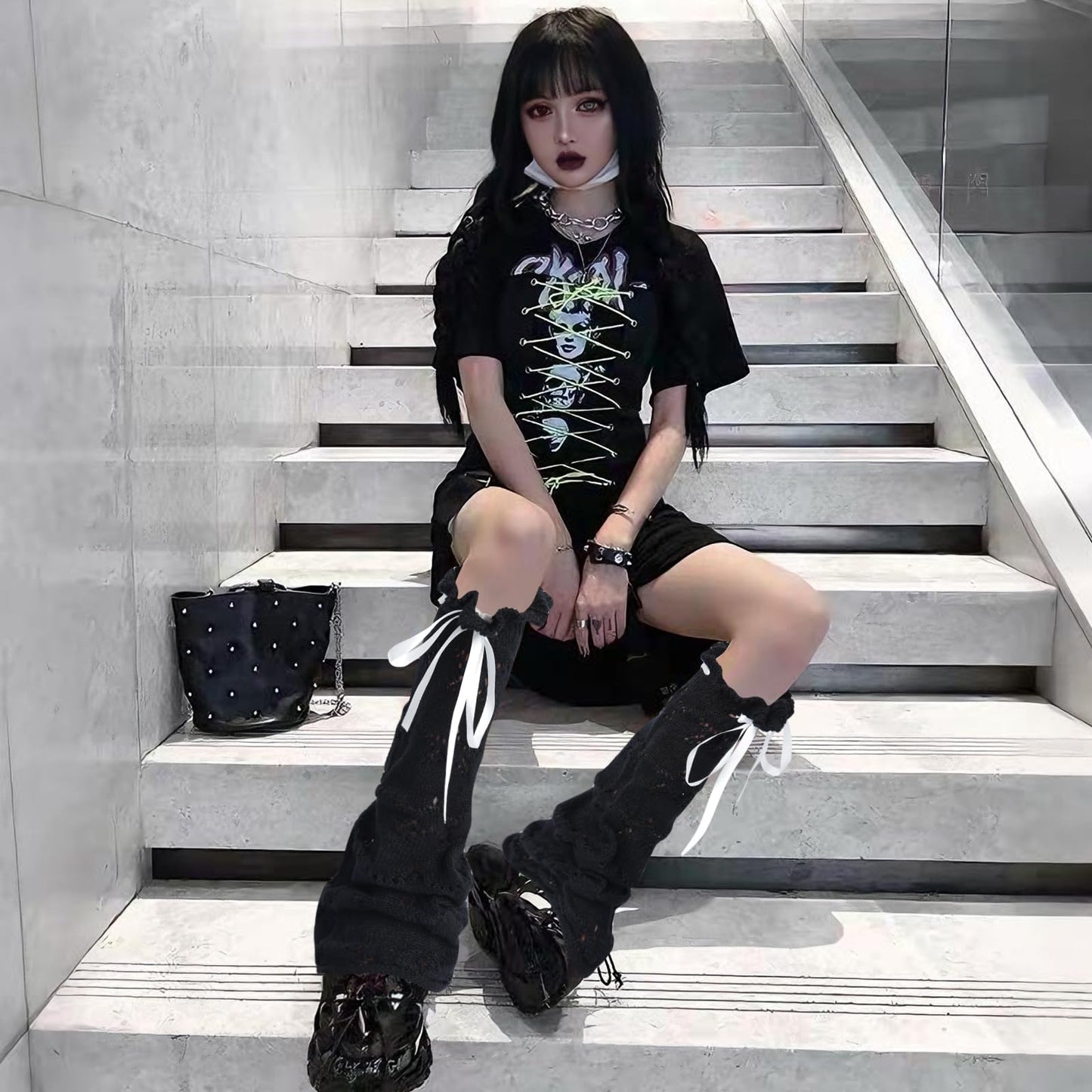 Junely Leg Warmers for Women Kawaii Leg Warmer Cute Legwarmers Japanese Socks Halloween Goth Emo Lolita Gyaru Gothic Harajuku Accessories Black White