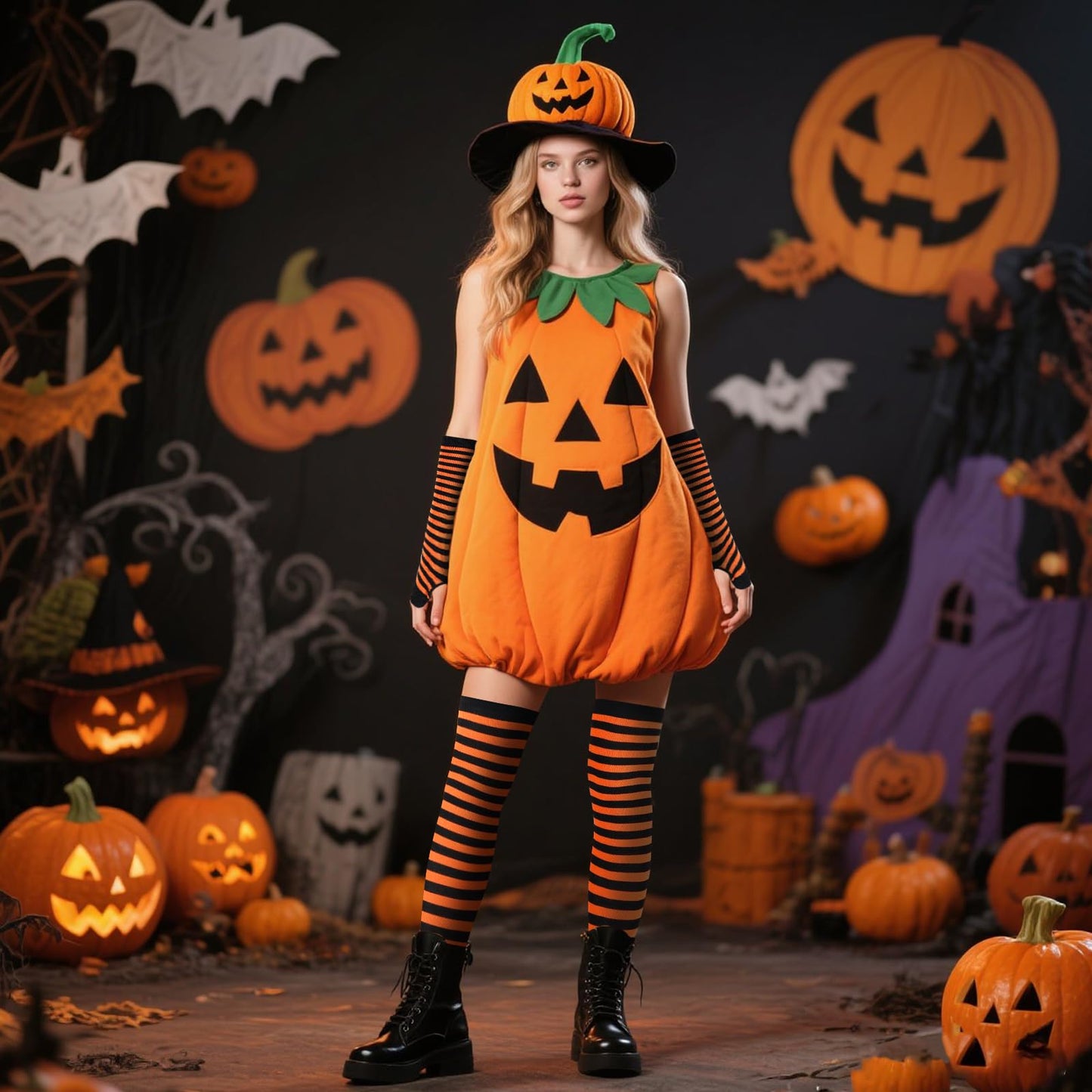 Junely Striped Thigh High Socks Over the Knee Stockings Extra Long Halloween Cosplay Costume Accessories Gifts Orange and Black