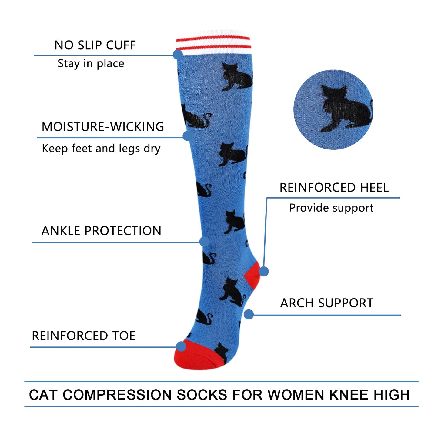 Junely Compression Socks for Women Cat Knee High Socks for Running Athletic Nurses Pregnant Women Work Support Travel Flight Sports Pink Black Blue
