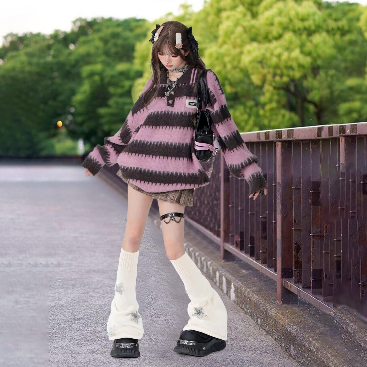 Junely Leg Warmers for Women Winter Kawaii Leg Warmer Cute Legwarmers Japanese Socks Halloween Goth Emo Lolita Gyaru Gothic Harajuku Accessories Black White
