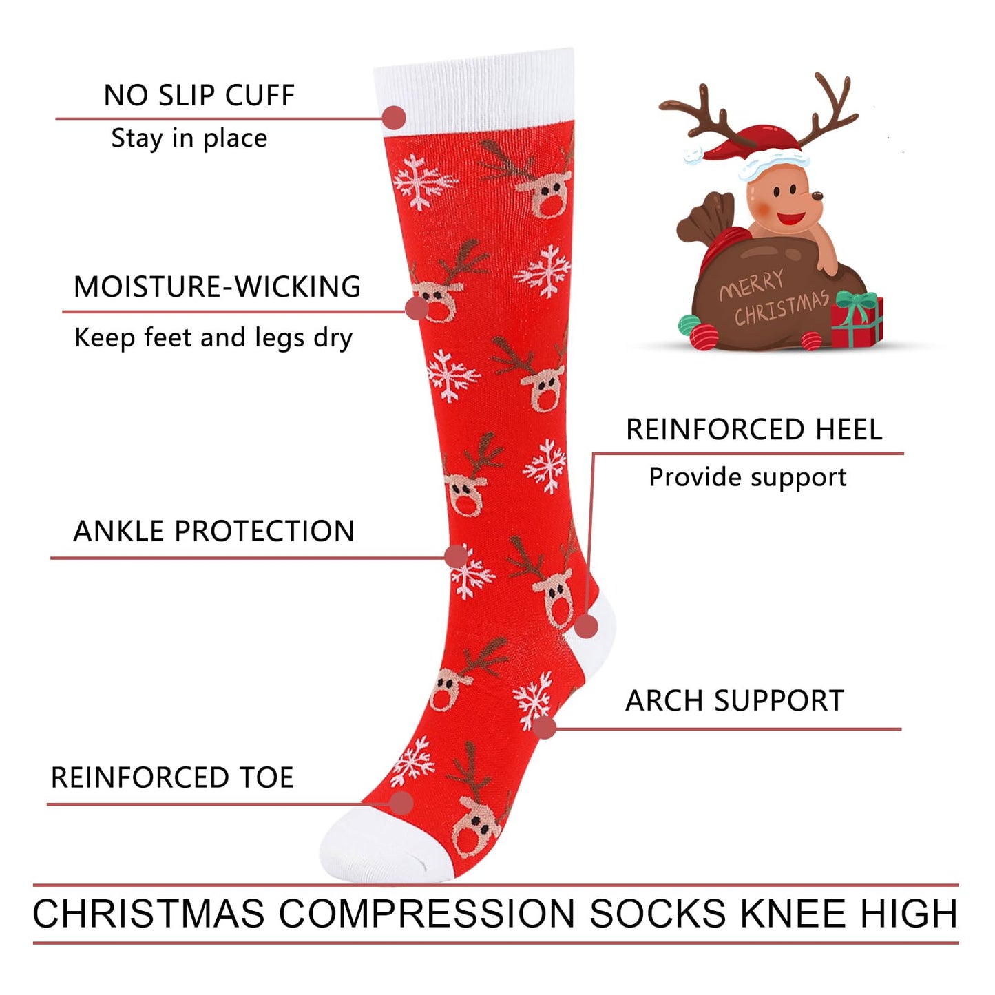 Junely Christmas Compression Socks for Women Knee High Reindeer Snowflake Socks for Running Athletic Nurses Pregnant Women Work Support Travel Flight Sports Gifts Red