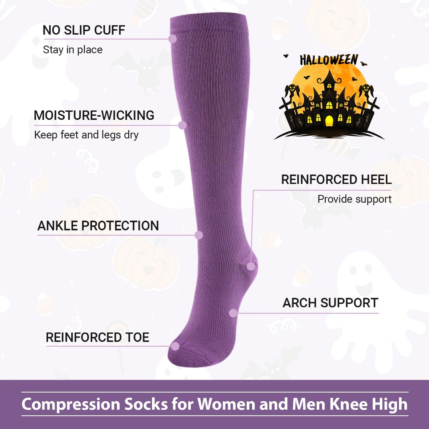 Junely Compression Socks for Women Knee High for Halloween Running Athletic Nurses Pregnant Women Work Support Travel Flight Sports Gifts Violet