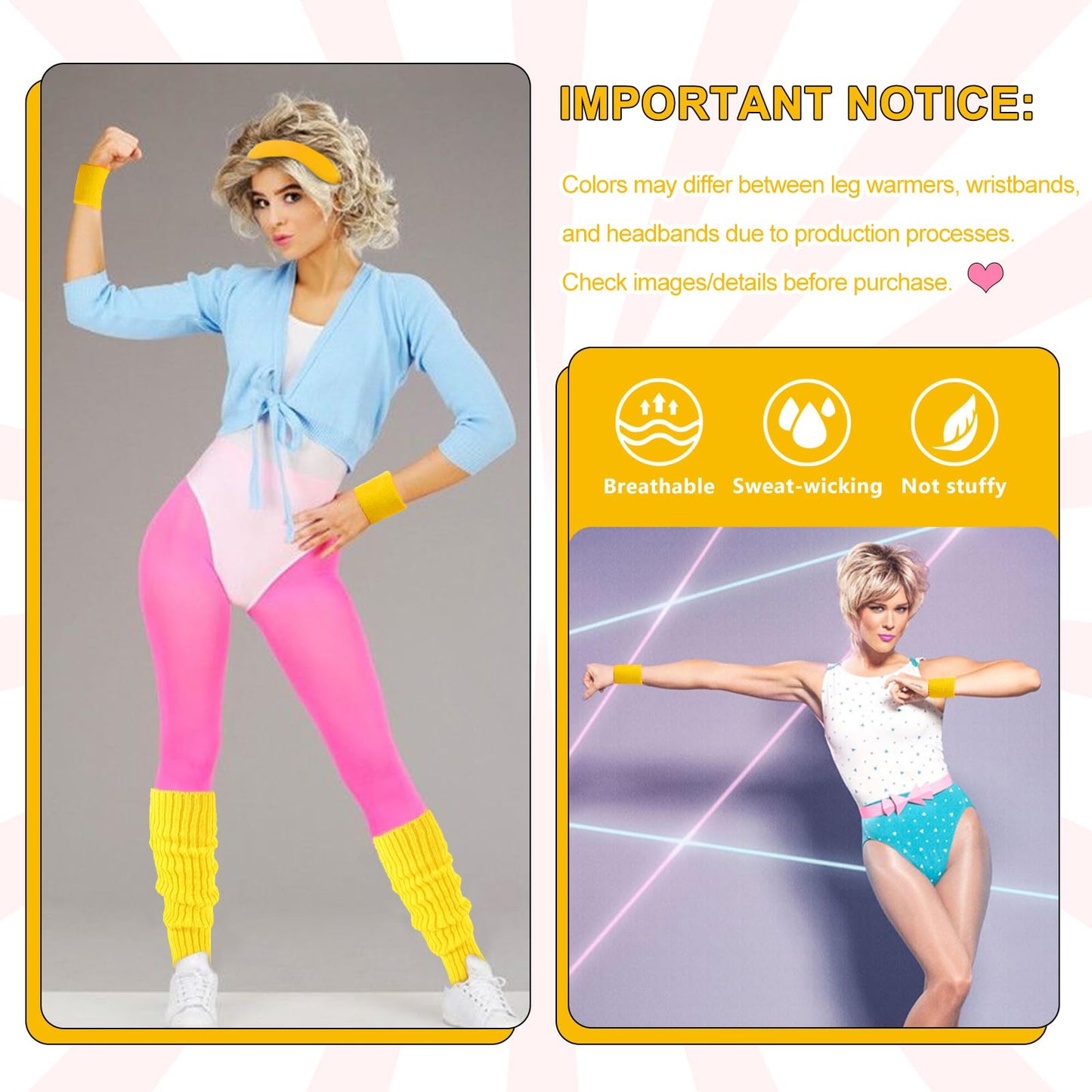 Junely 80s Accessories for Women Neon Leg Warmers Headband and Wristbands Set Knit Legwarmers for Ballet Dance Figure Skating Ice Skating Boot Yellow