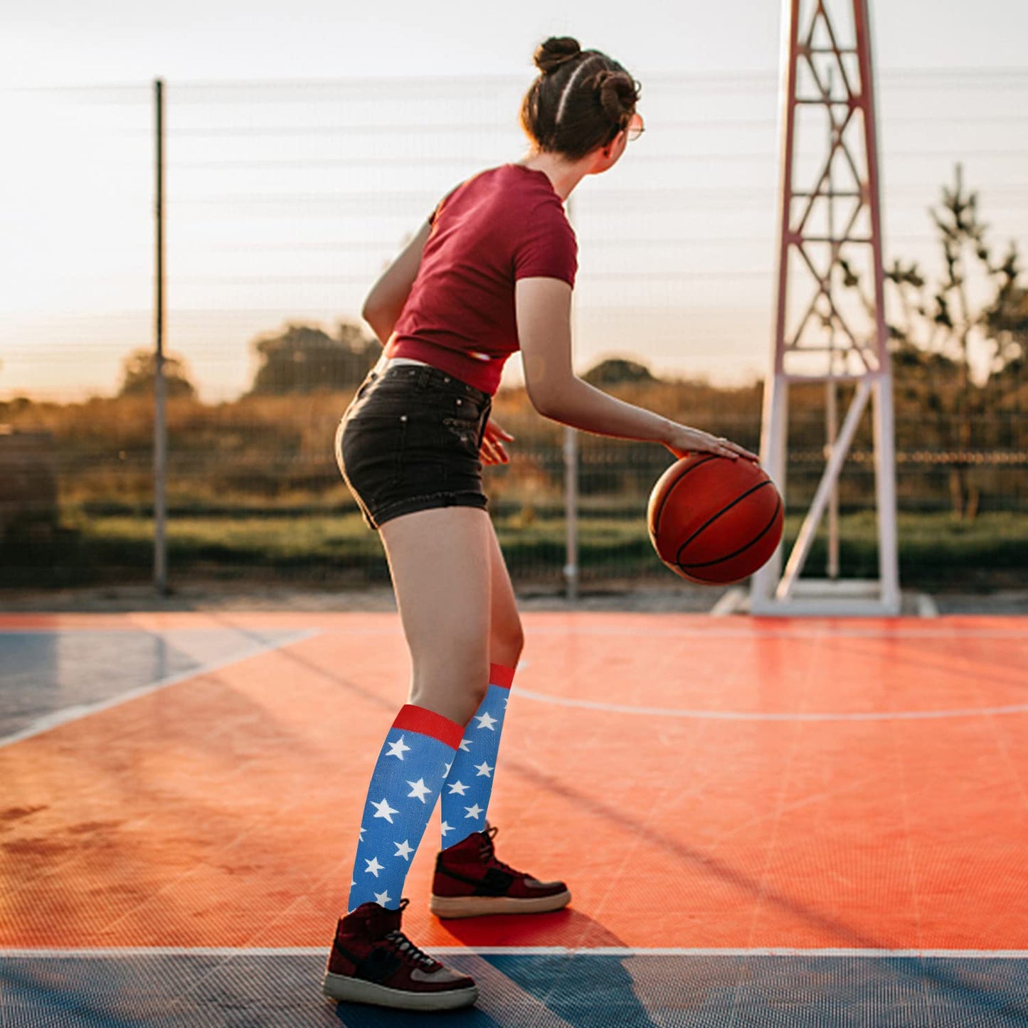 Junely American flag Compression Socks for Women 20-30 mmhg Knee High Patriotic Socks for Running Athletic Nurses Pregnant Women Work Support Travel Flight Sports Blue