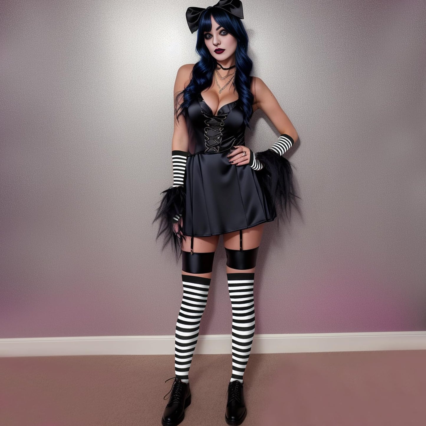 Junely Thigh High Socks and Gloves Black and White Striped Fingerless Gloves and Stockings Set Over the Knee Extra Long Christmas Cosplay Costume Accessories
