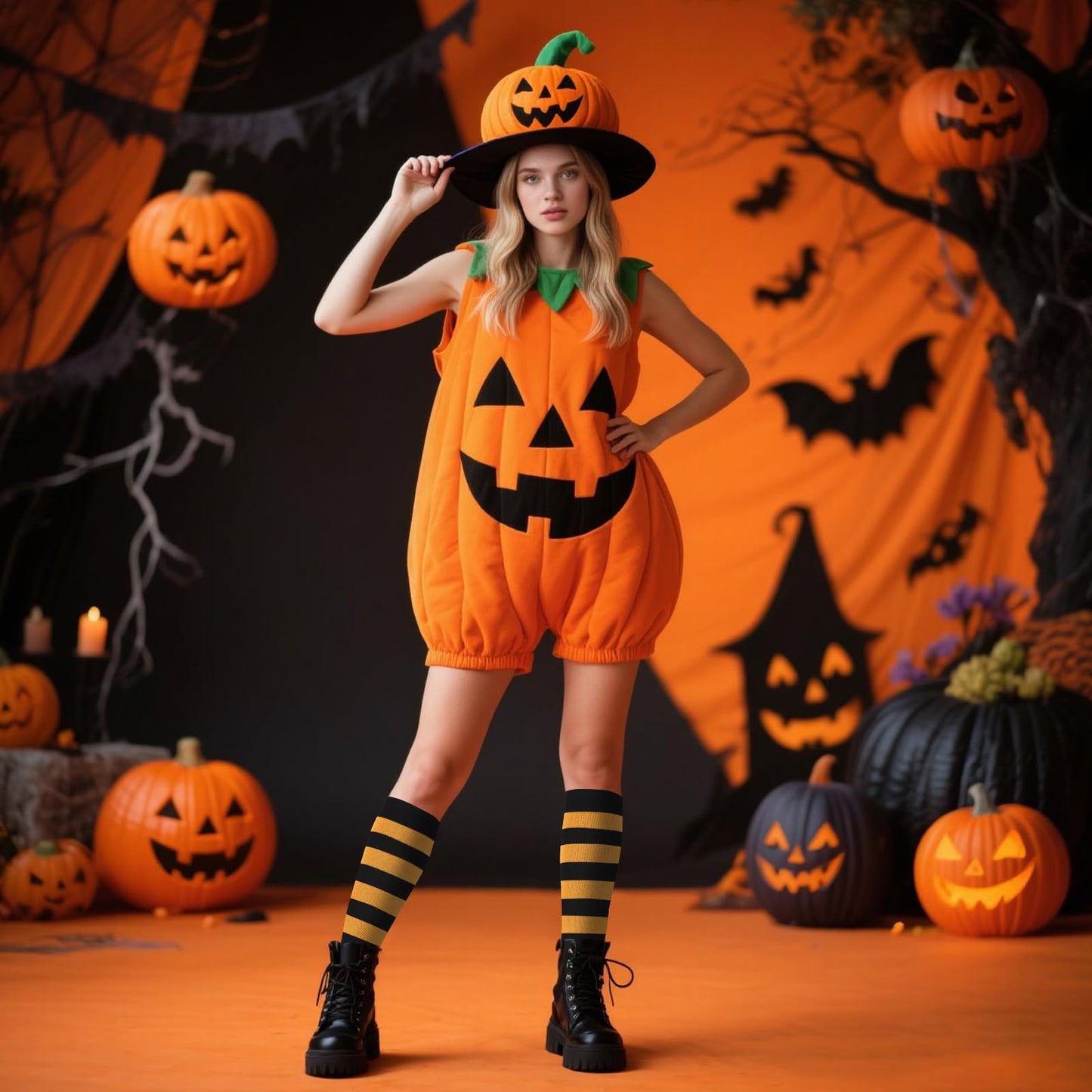 Junely Compression Socks for Women Striped Knee High Stockings for Halloween Running Athletic Nurses Pregnant Women Work Support Travel Flight Sports Gifts Orange and Black
