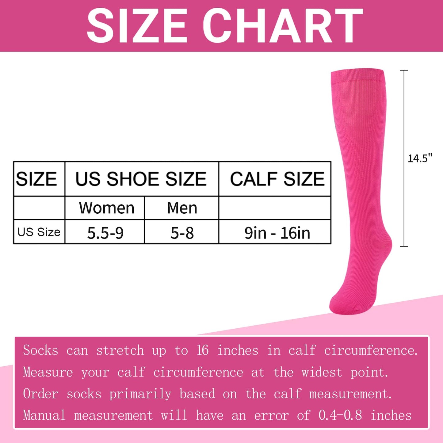 Junely Compression Socks for Women Knee High for Halloween Running Athletic Nurses Pregnant Women Work Support Travel Flight Sports Gifts Hot Pink