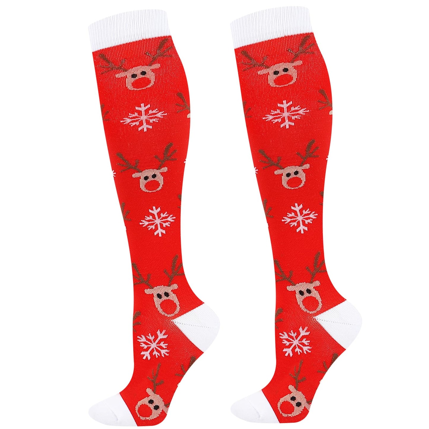 Junely Christmas Compression Socks for Women Knee High Reindeer Snowflake Socks for Running Athletic Nurses Pregnant Women Work Support Travel Flight Sports Gifts Red