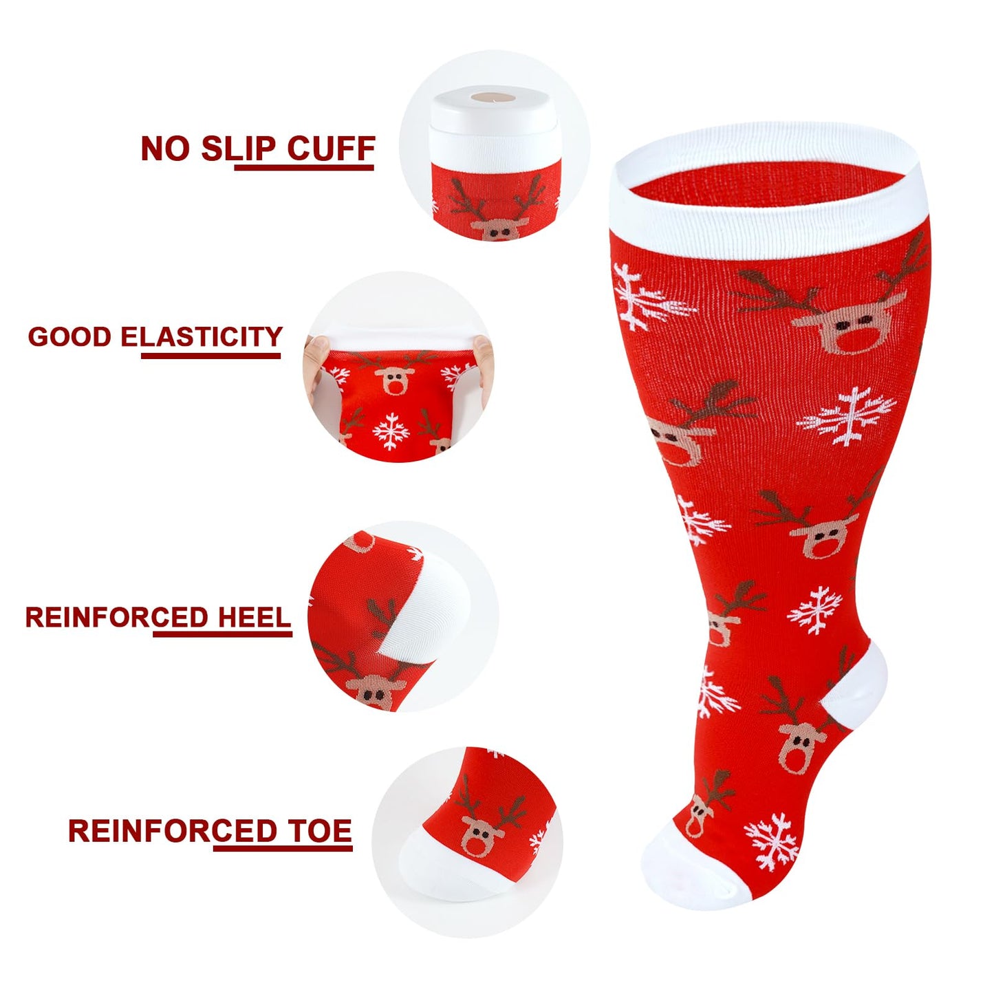 Junely Compression Socks for Women Wide Calf Knee High Christmas Stockings for Running Athletic Nurses Pregnant Women Work Support Travel Flight Sports Gifts Red