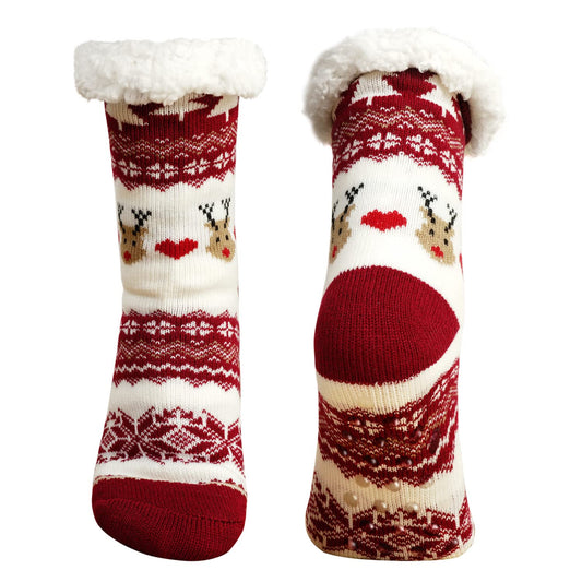 Junely Christmas Slipper Socks with Grippers for Women Non Slip Fuzzy Fluffy Cozy Warm Soft Comfy Thick Fleece Cabin Socks Reindeer Snowflake Red