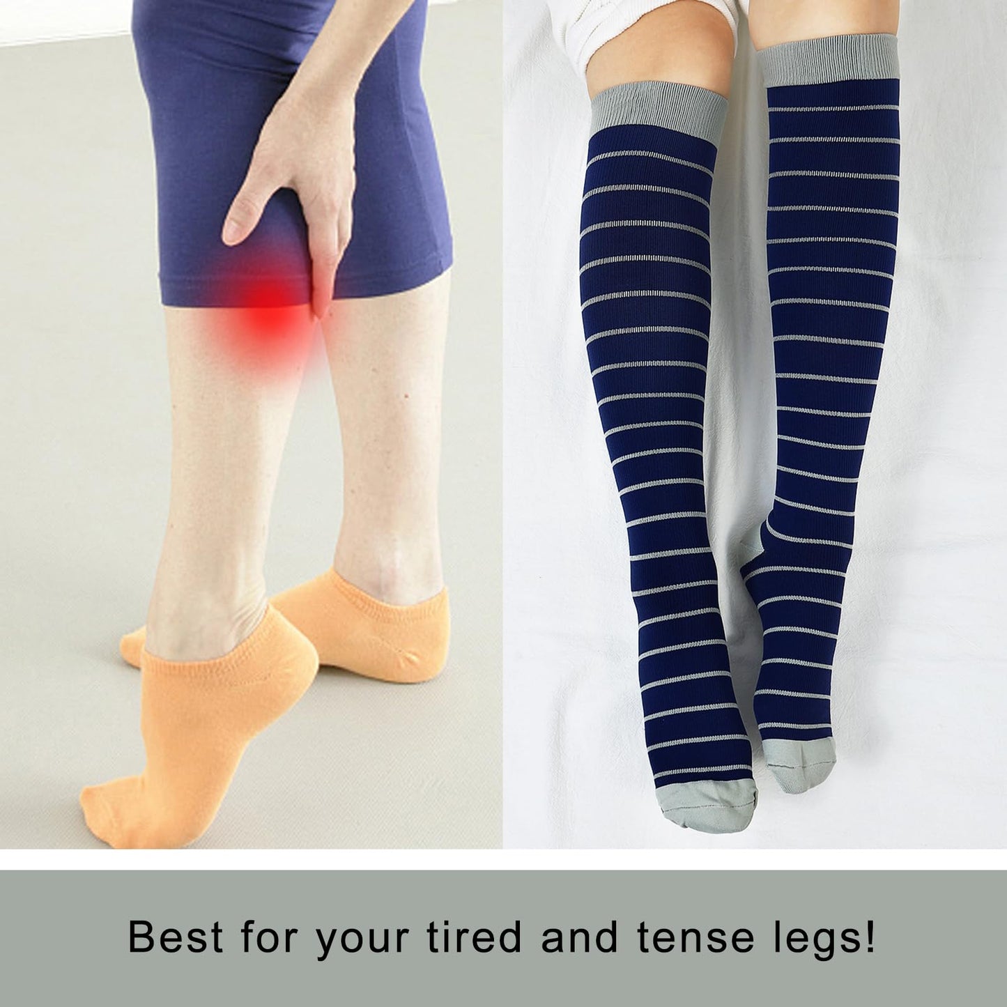 Junely Compression Socks for Women 20-30 mmhg Striped Knee High Stockings for Running Athletic Nurses Pregnant Women Work Support Travel Flight Sports Navy and Grey