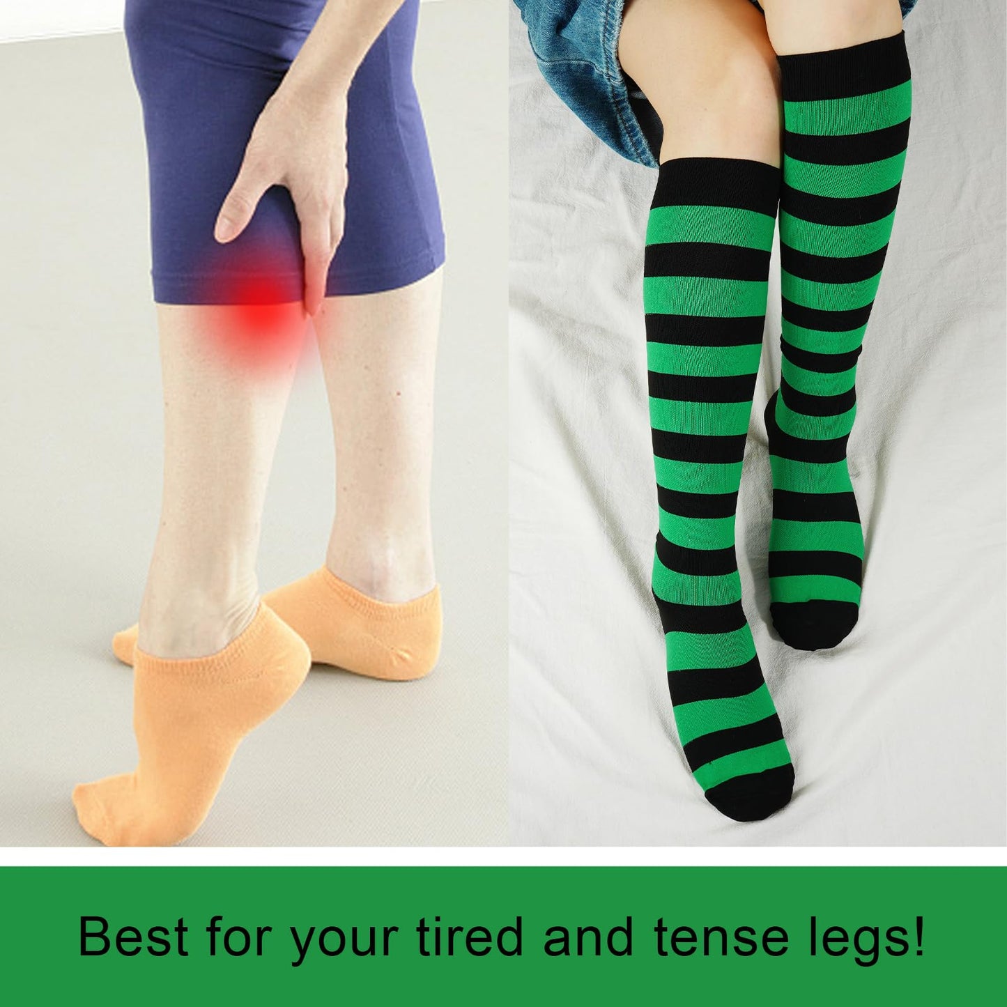 Junely Compression Socks for Women Striped Knee High Stockings for Halloween Running Athletic Nurses Pregnant Women Work Support Travel Flight Sports Gifts Green and Black