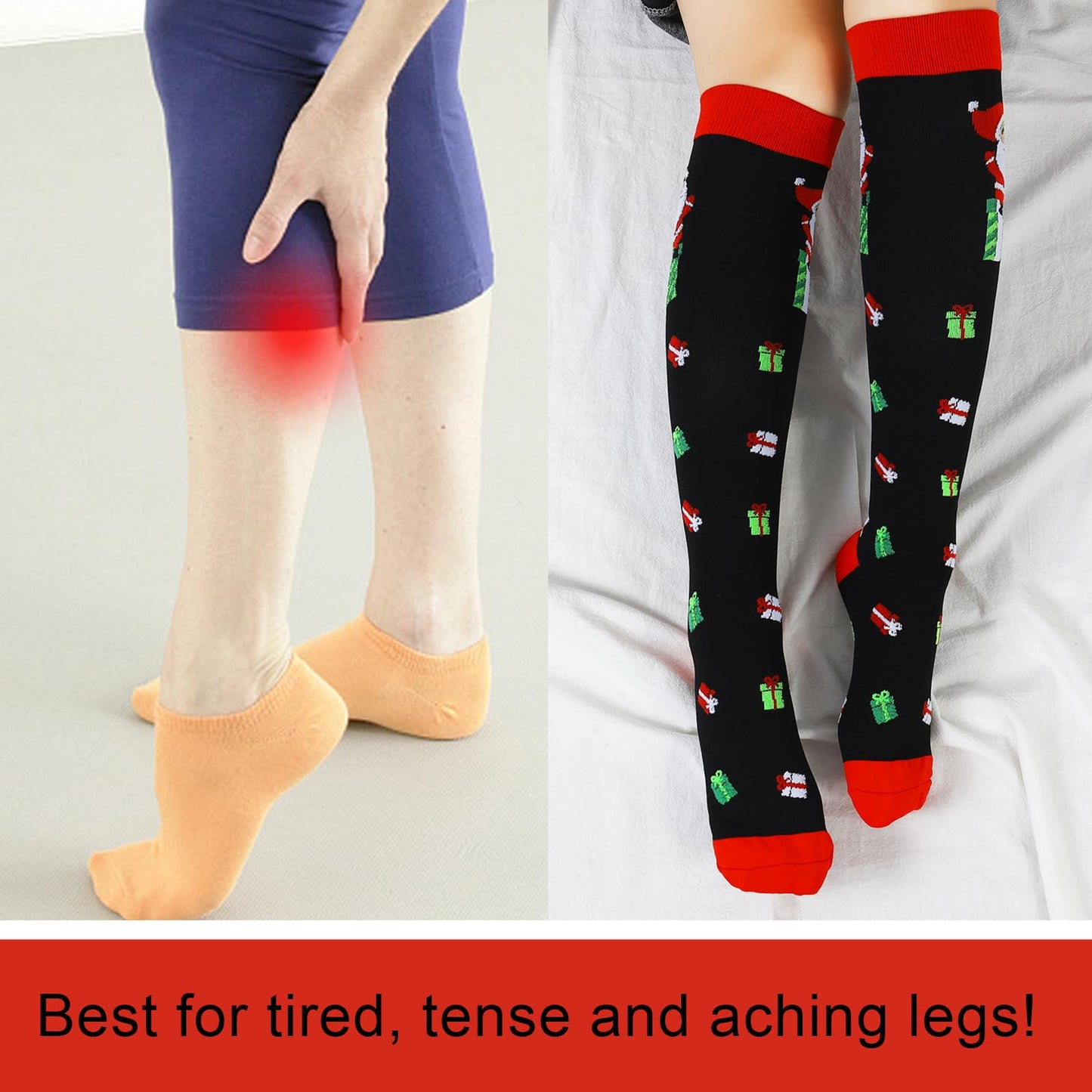 Junely Christmas Compression Socks for Women Knee High Stockings for Running Athletic Nurses Pregnant Women Work Support Travel Flight Sports Gifts Red Green Black