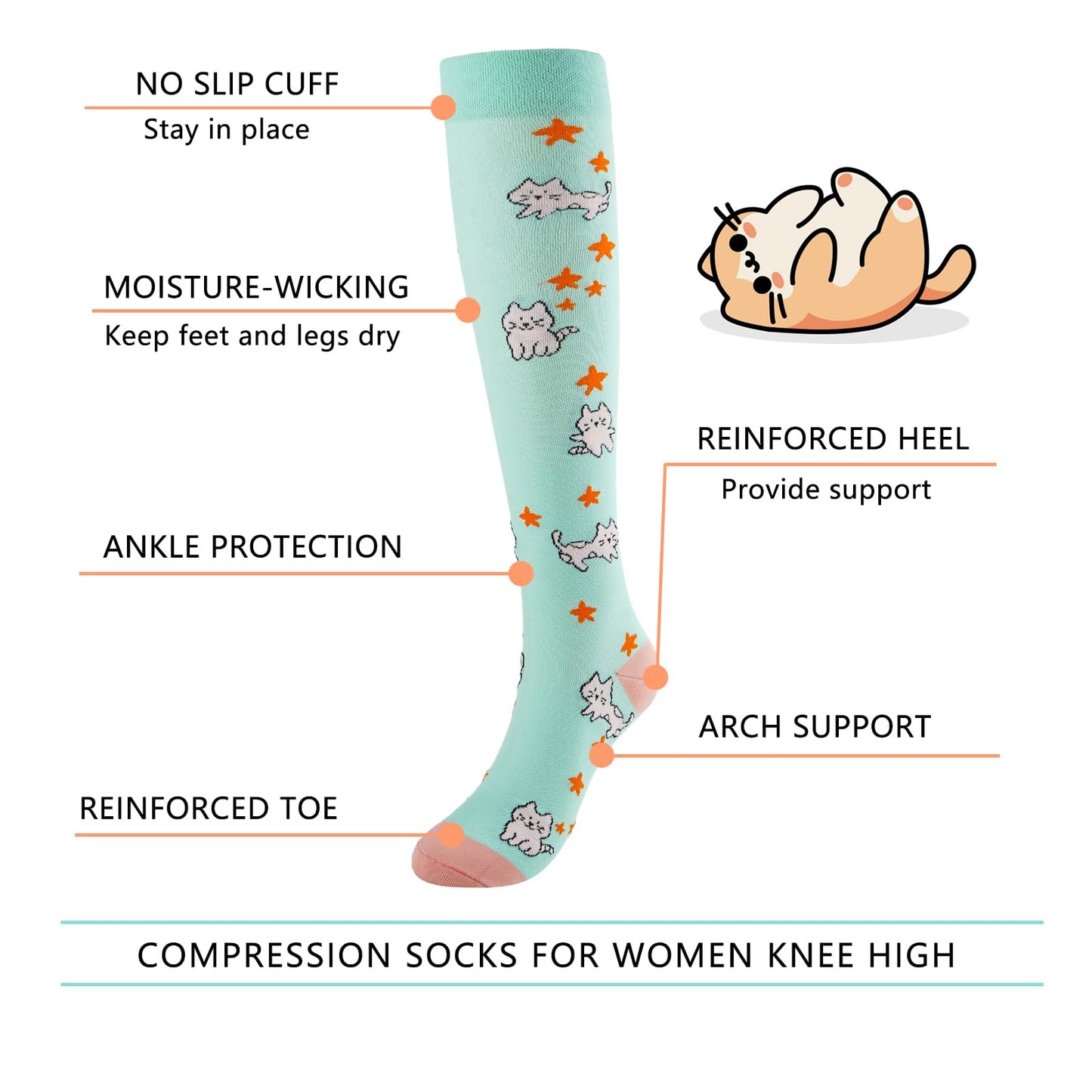 Junely Compression Socks for Women Cat Knee High Stockings for Running Athletic Nurses Pregnant Women Work Support Travel Flight Sports Cat Gifts Blue