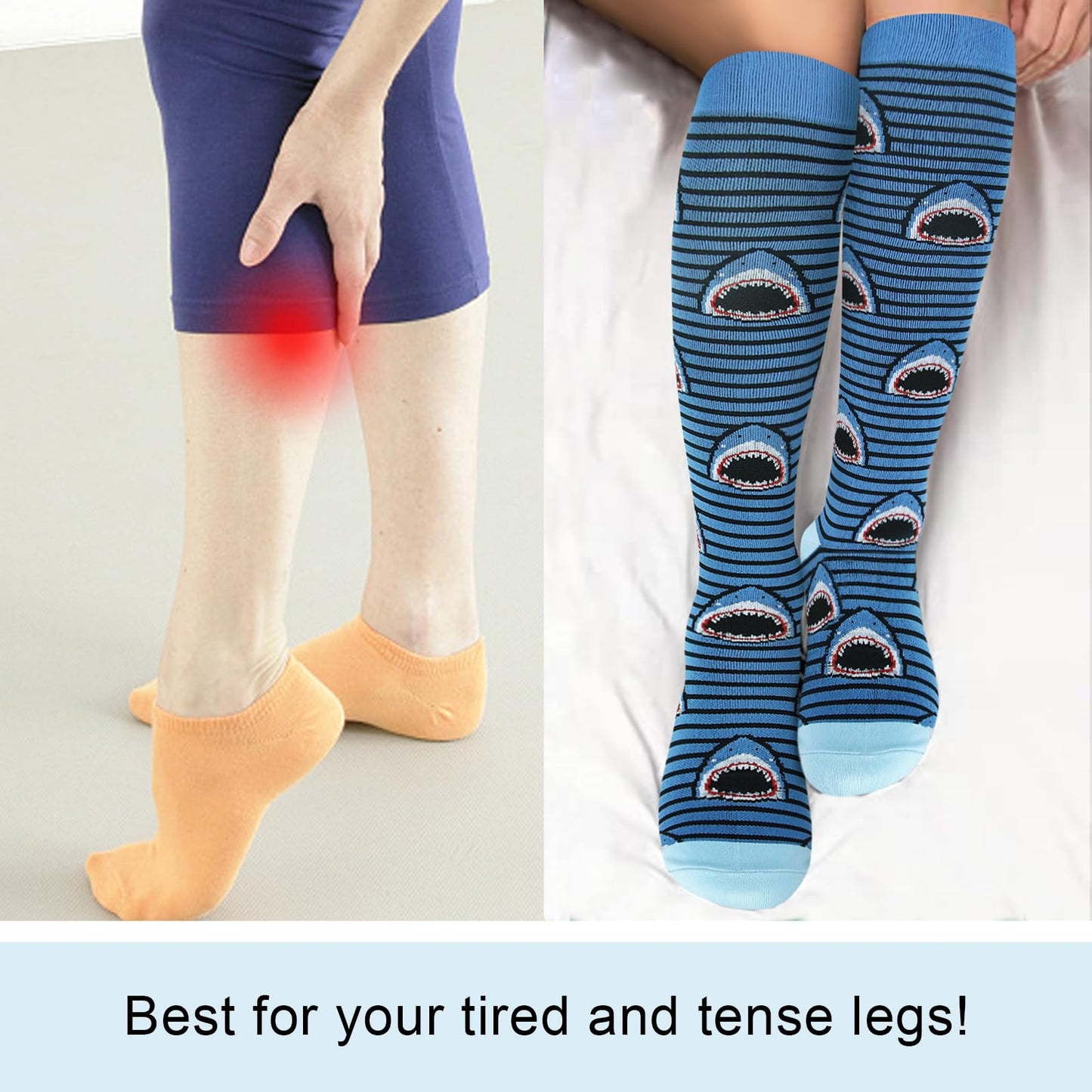 Junely Compression Socks for Women 20-30 mmhg Shark Knee High Stockings for Running Athletic Nurses Pregnant Women Work Support Travel Flight Sports Shark Gifts Blue