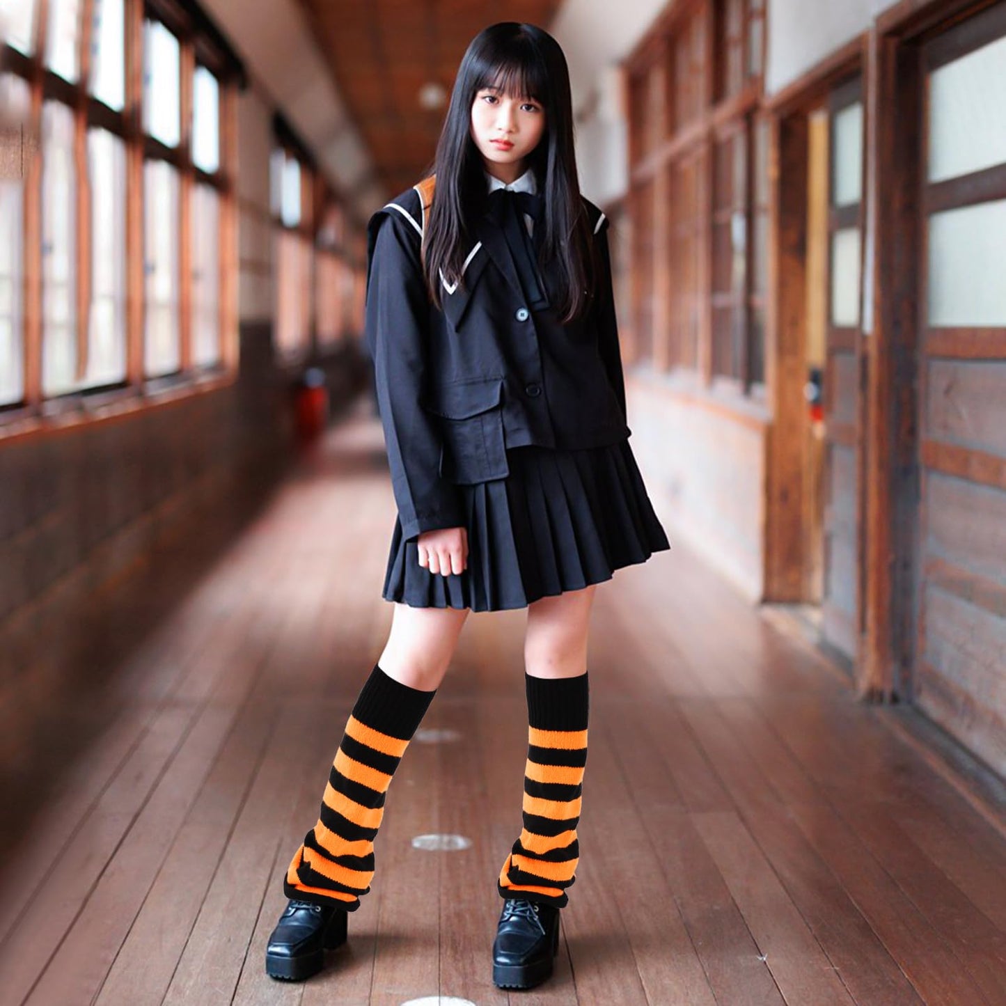Junely Leg Warmers for Women Winter Kawaii Leg Warmer Cute Legwarmers Japanese Socks Halloween Goth Emo Lolita Gyaru Gothic Harajuku Accessories Black Orange