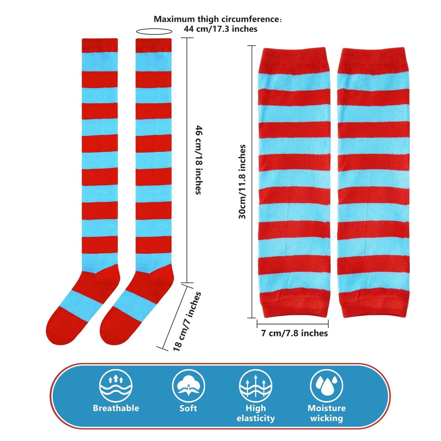 Junely Tutu for Women Adults Red and Blue Striped Thigh High Socks Fingerless Gloves Halloween Costumes Accessories
