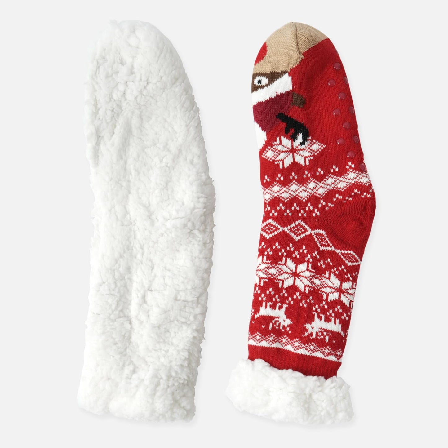 Junely Christmas Slipper Socks with Grips for Women Deer Fuzzy Cozy Fluffy Non Slip Warm Winter Thick Comfy Soft Fleece Cabin Socks Red