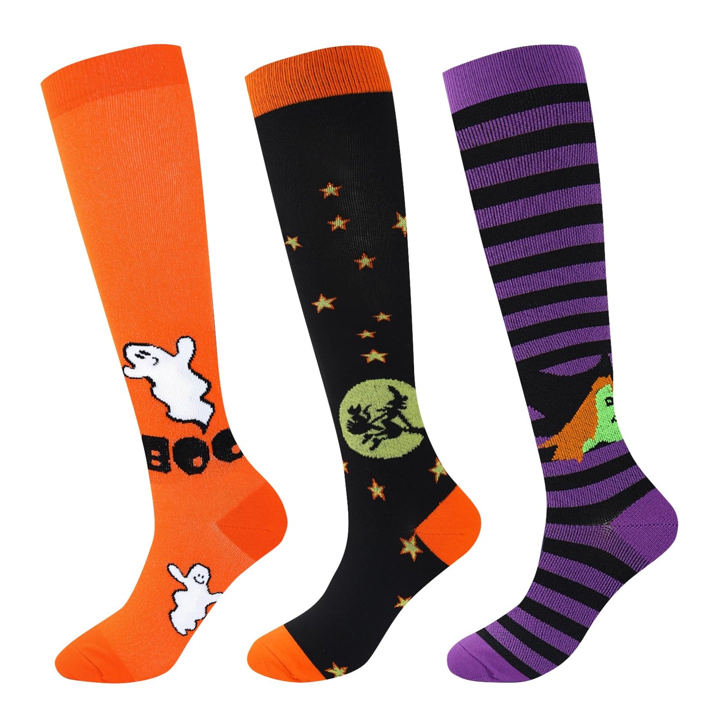 Junely Halloween Compression Socks for Women Knee High Witch Ghost Socks for Running Athletic Nurses Pregnant Women Work Support Travel Flight Sports Gifts Orange Purple Black