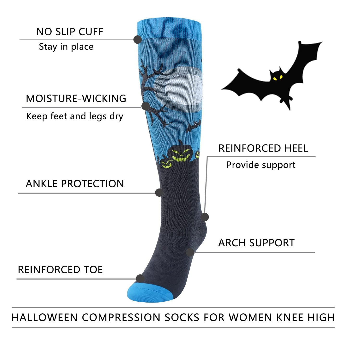 Junely Halloween Compression Socks for Women 20-30 mmhg Knee High Pumpkin Bat Socks for Running Athletic Nurses Pregnant Women Work Support Travel Flight Sports Gifts Blue