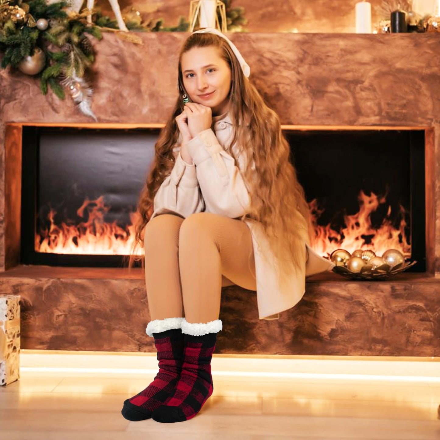Junely Christmas Slipper Socks with Grippers for Women Non Slip Fuzzy Fluffy Cozy Warm Soft Comfy Thick Fleece Cabin Socks Red Buffalo Plaid