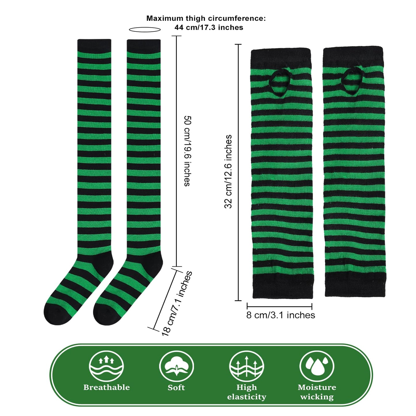 Junely Striped Thigh High Socks Over the Knee Stockings Extra Long Halloween Cosplay Costume Accessories Gifts Green and Black