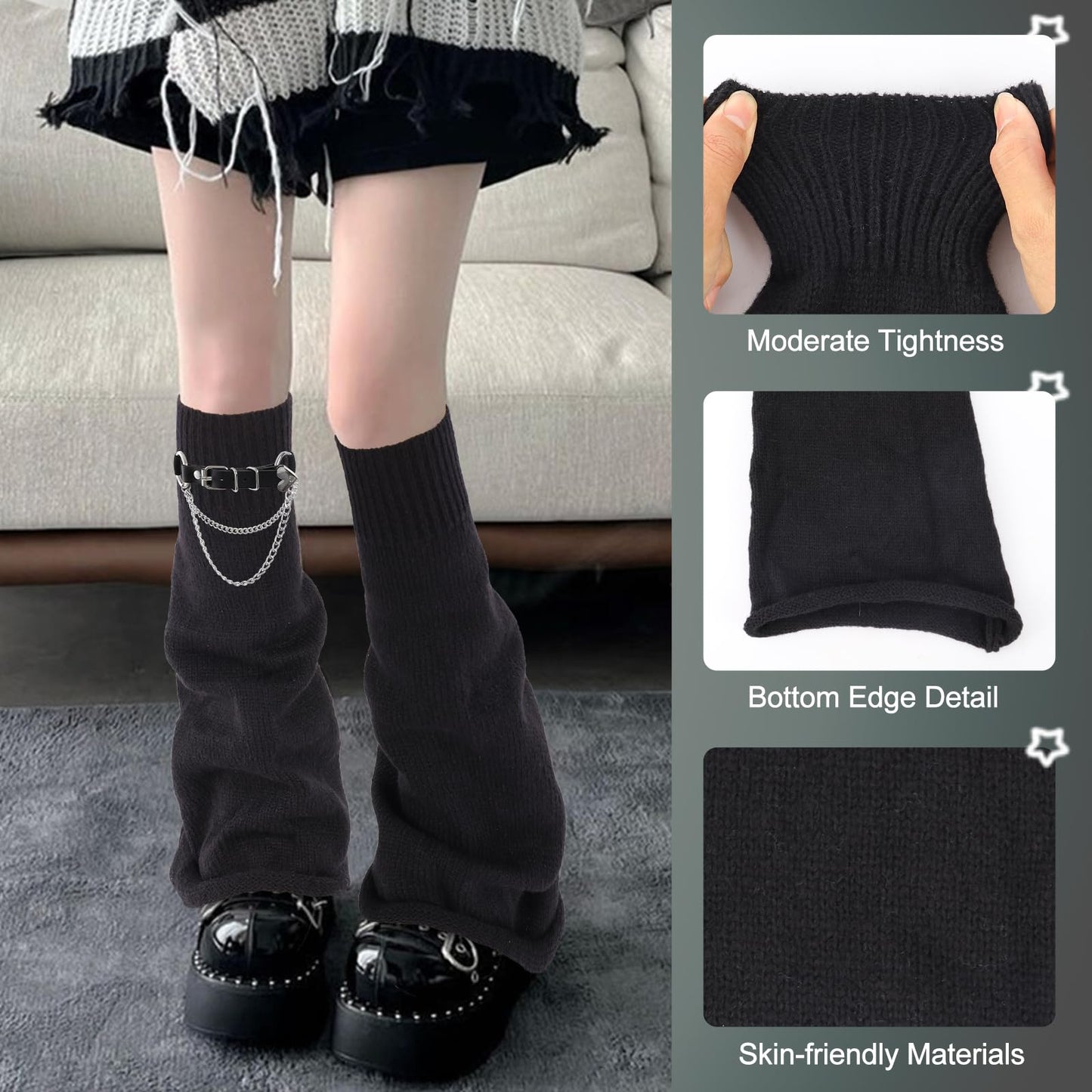 Junely Leg Warmers Kawaii Leg Warmer Cute Legwarmers with Garter Belt Adjustable Japanese Socks Halloween Emo Lolita Gyaru Harajuku Accessories Black