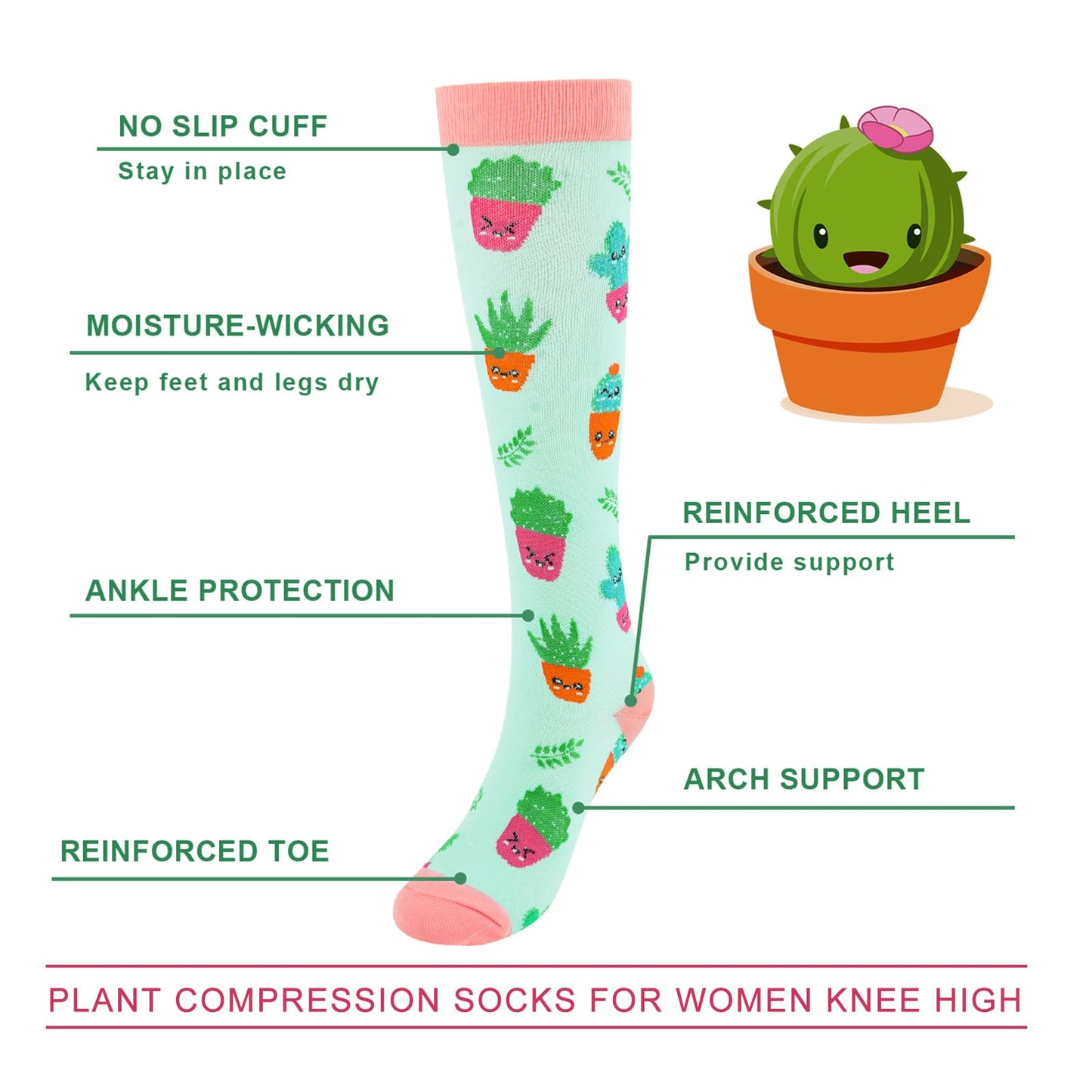 Junely Compression Socks for Women Plant Knee High Stockings for Running Athletic Nurses Pregnant Women Work Support Travel Flight Sports Gifts Green