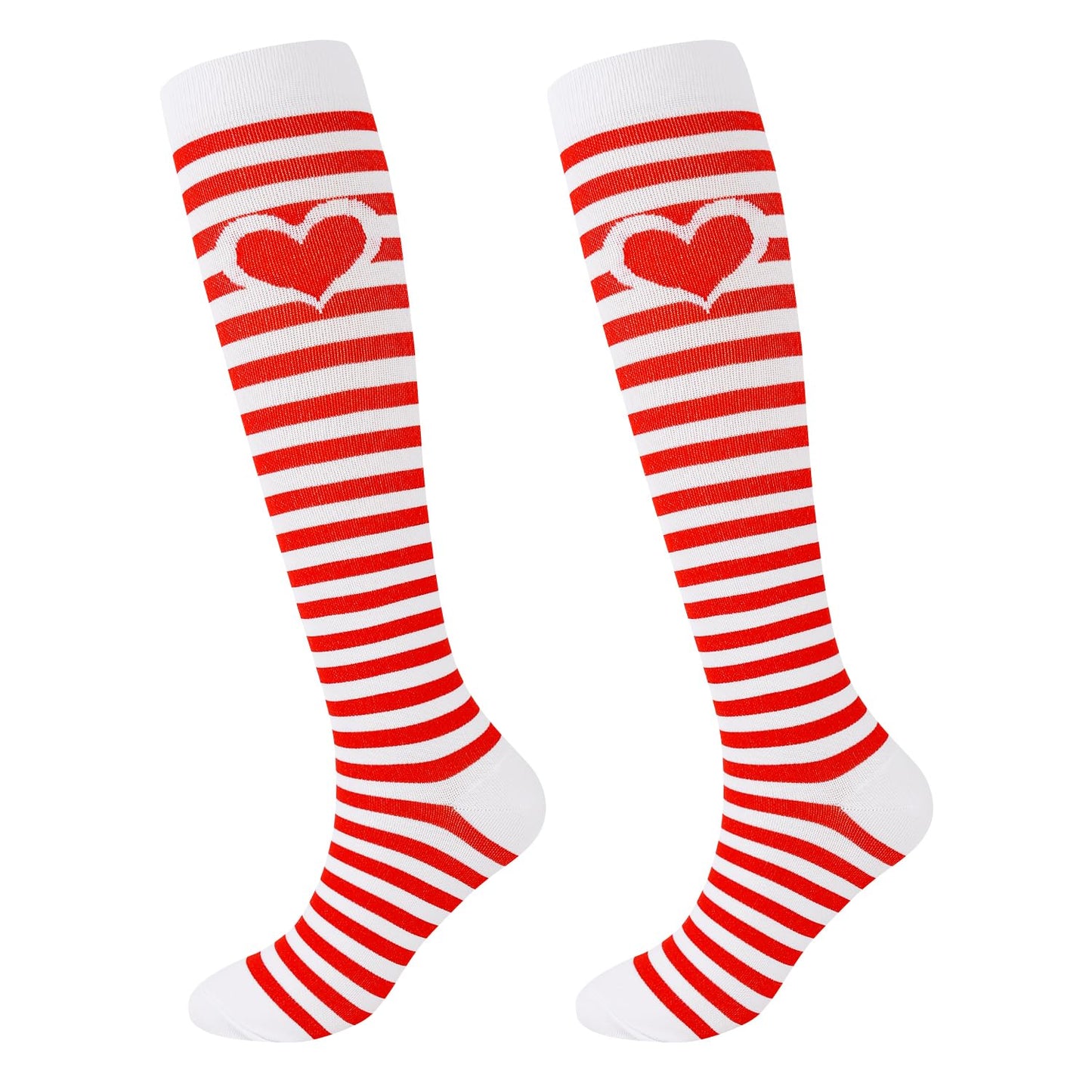 Junely Compression Socks for Women Heart Striped Knee High Stockings for Valentines Day Running Athletic Nurses Pregnant Women Work Support Travel Flight Sports Gifts Red White