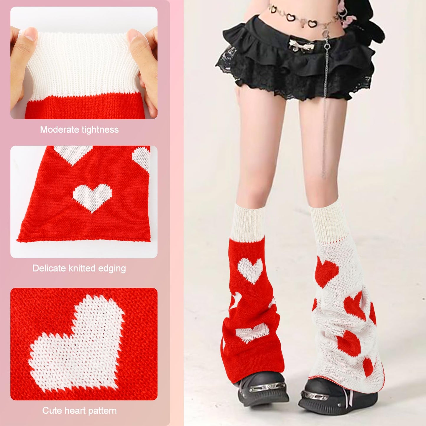 Junely Leg Warmers for Women Winter Kawaii Leg Warmer Cute Heart Legwarmers Japanese Socks Valentines Day Halloween Emo Lolita Gyaru Harajuku Accessories Red