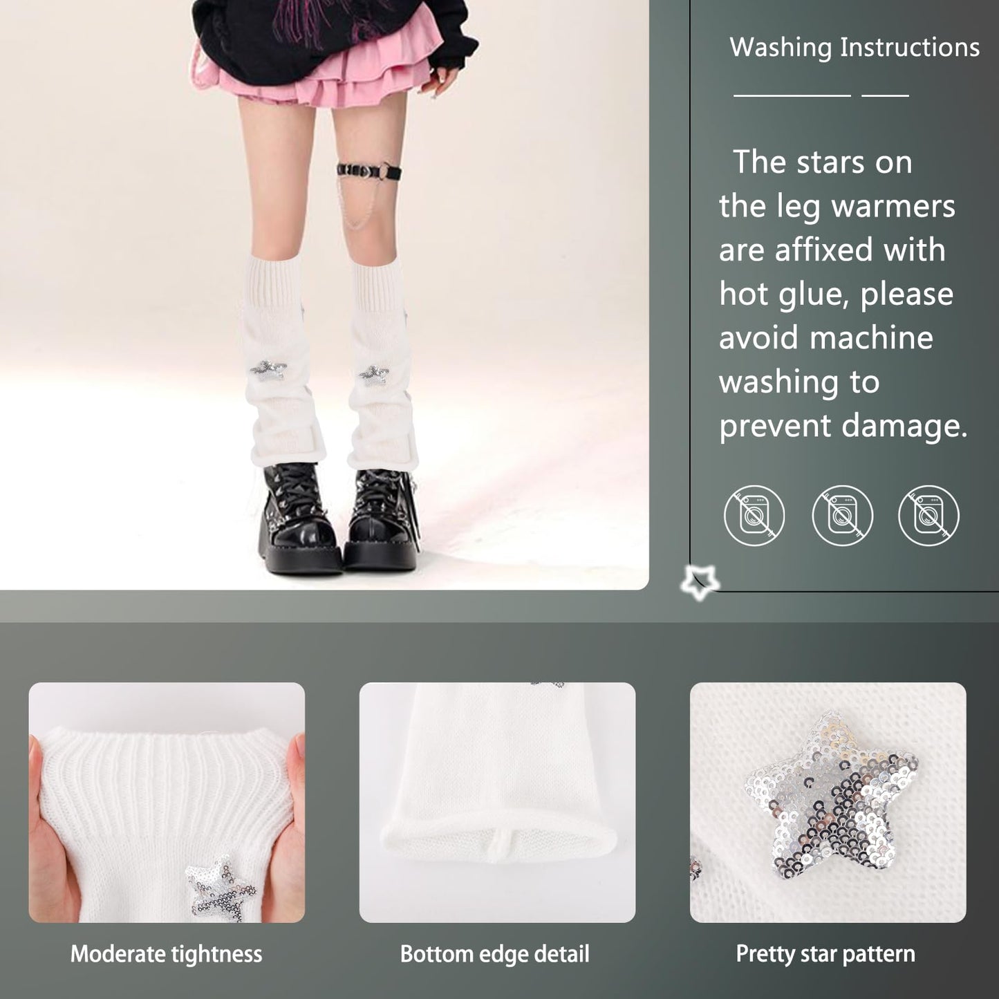 Junely Leg Warmers Kawaii Leg Warmer Cute Legwarmers with Sequin Star Japanese Socks Halloween Emo Lolita Gyaru Harajuku Accessories White