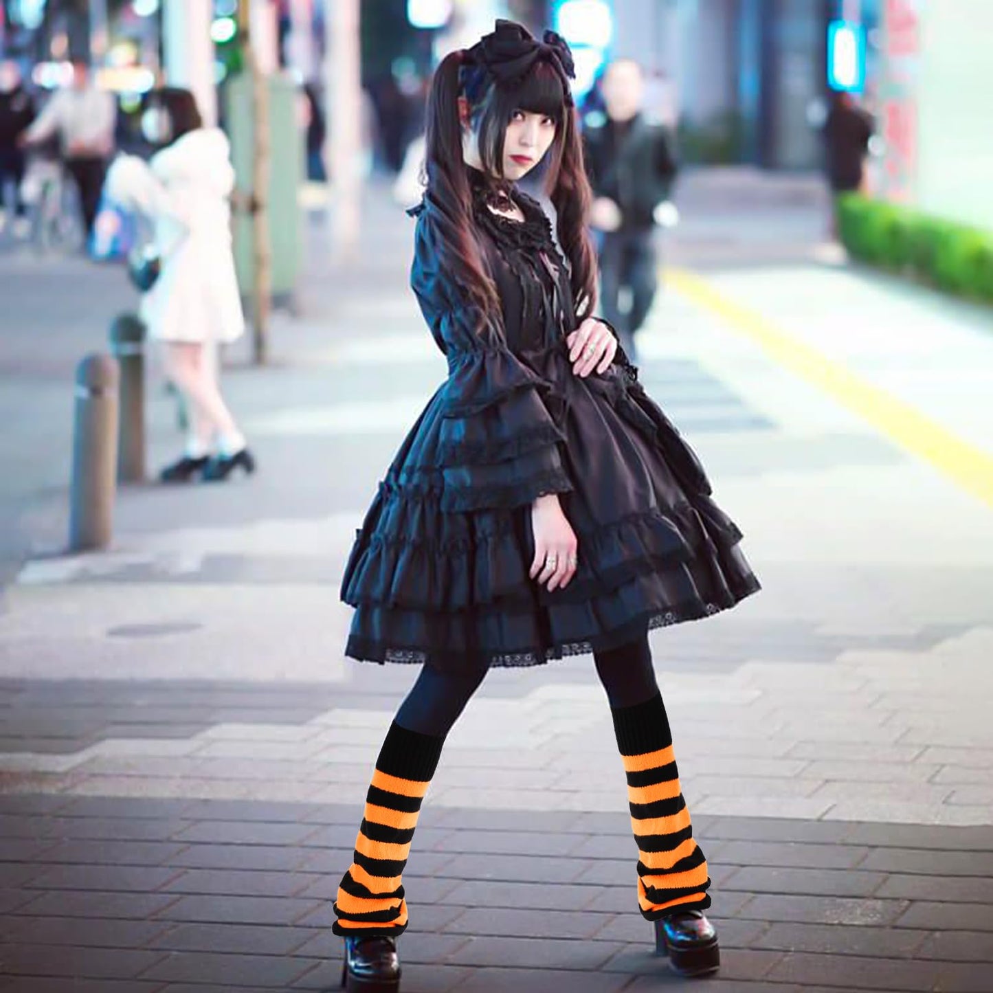 Junely Leg Warmers for Women Winter Kawaii Leg Warmer Cute Legwarmers Japanese Socks Halloween Goth Emo Lolita Gyaru Gothic Harajuku Accessories Black Orange
