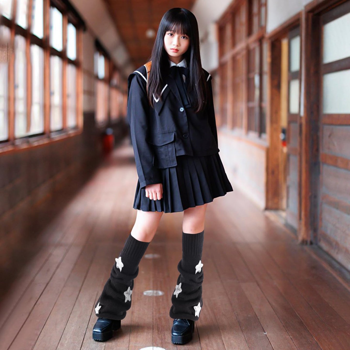 Junely Leg Warmers Kawaii Leg Warmer Cute Legwarmers with Sequin Star Japanese Socks Halloween Emo Lolita Gyaru Harajuku Accessories Black