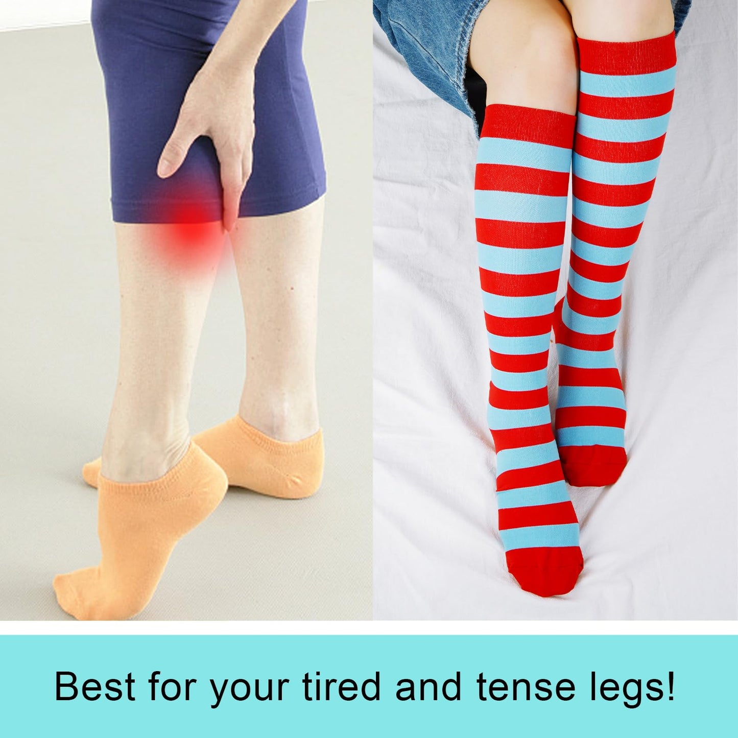 Junely Compression Socks for Women Striped Knee High Stockings for Halloween Running Athletic Nurses Pregnant Women Work Support Travel Flight Sports Gifts Red and Blue