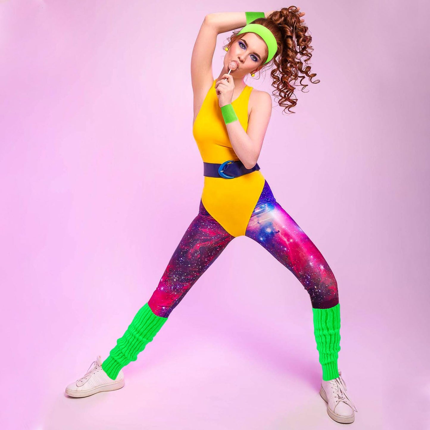 Junely 80s Accessories for Women Neon Leg Warmers Headband and Wristbands Set Knit Legwarmers for Ballet Dance Figure Skating Ice Skating Boot Green